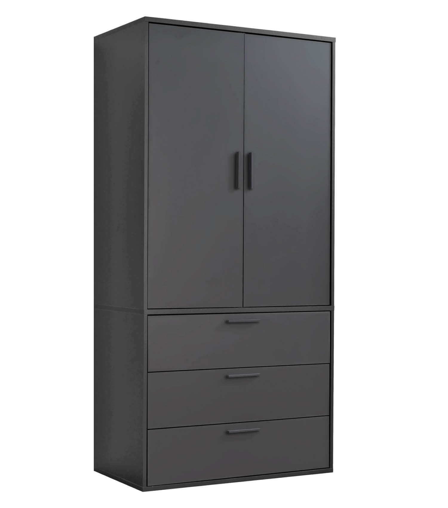 mokebo Kleiderschrank Grid (2-Türig & 3 Schubladen) Garderobenschrank, Schlafzimmerschrank oder Schrank klein in Schwarz
