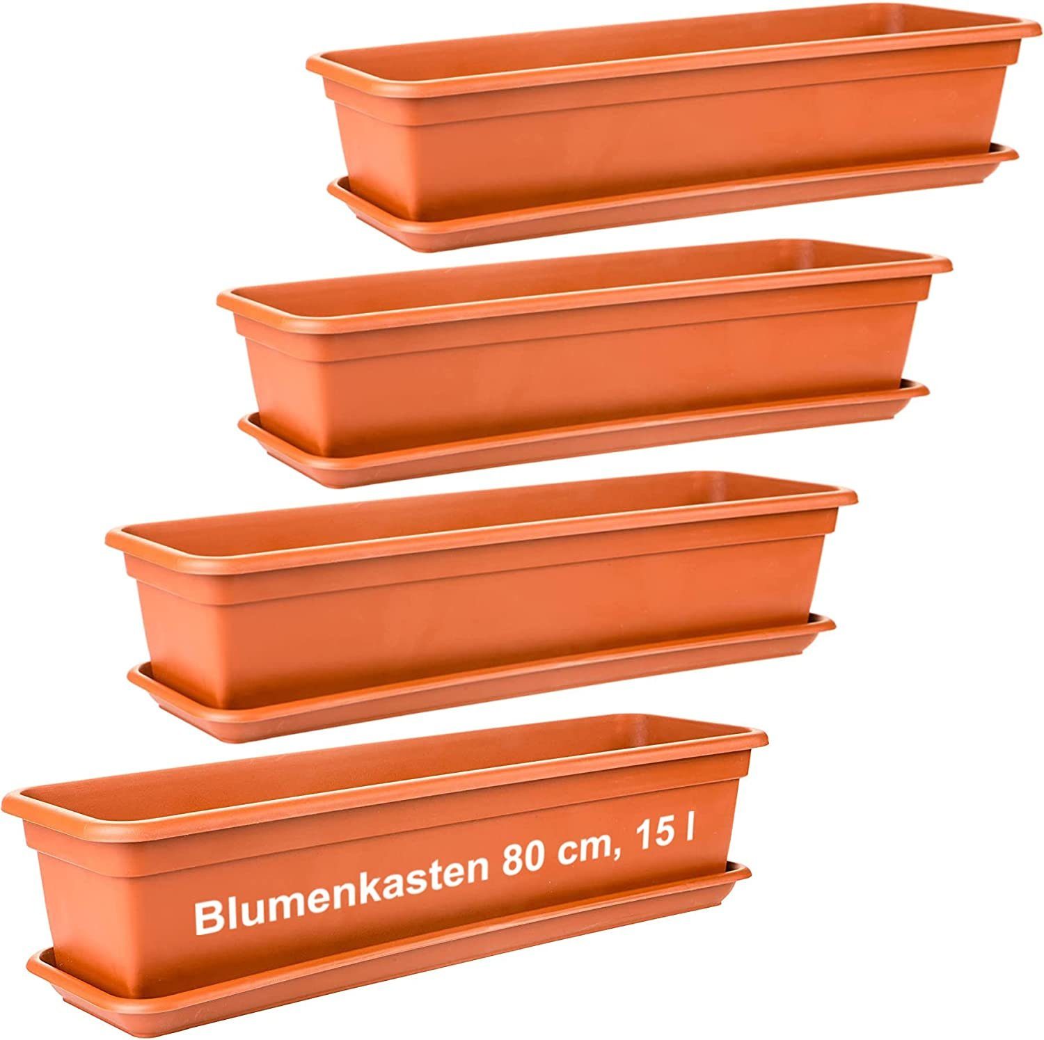 Centi Balkonkasten Blumenkasten Balkon, Balkonkasten, Blumenkasten Fensterbank außen (Set, 4 St., 80 cm, Terracotta, Made in EU), Blumenkasten Untersetzer, Balkonkästen aus Kunststoff