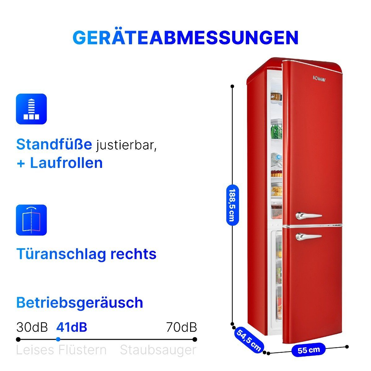 cm 7328.1, Kühl-Gefrier-Kombination breit, Kühl-/Gefrierkombination 250L 54.5 BOMANN cm Retro mit 188.5 KGR hoch, Nutzinhalt rot