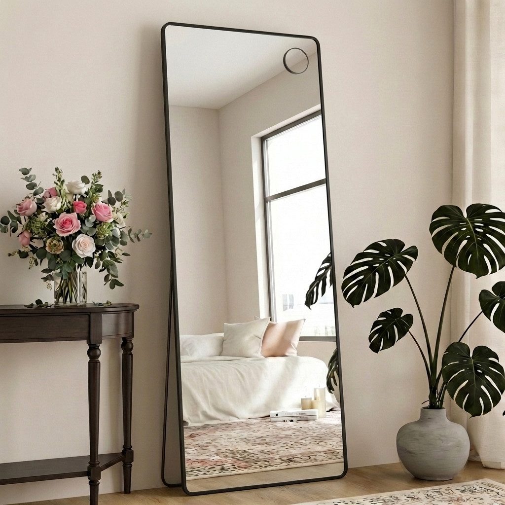 SONGMICS Standspiegel Ganzkörperspiegel mit saughaftem, verschiebbarem Vergrößerungsspiegel, Ganzkörperspiegel, 160 x 50 / 140 x 40 cm, stehend oder wandmontiert