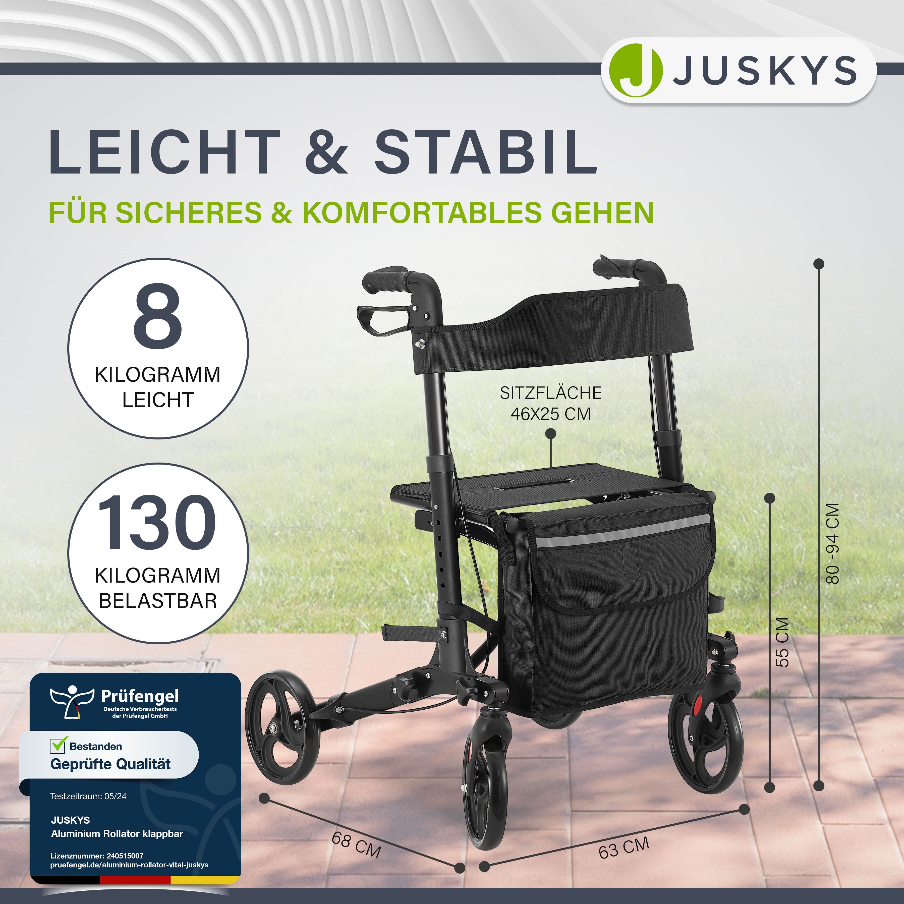 Juskys Rollator Vital, klappbar, mit Sitz, Einkaufstasche und Gehstockhalterung