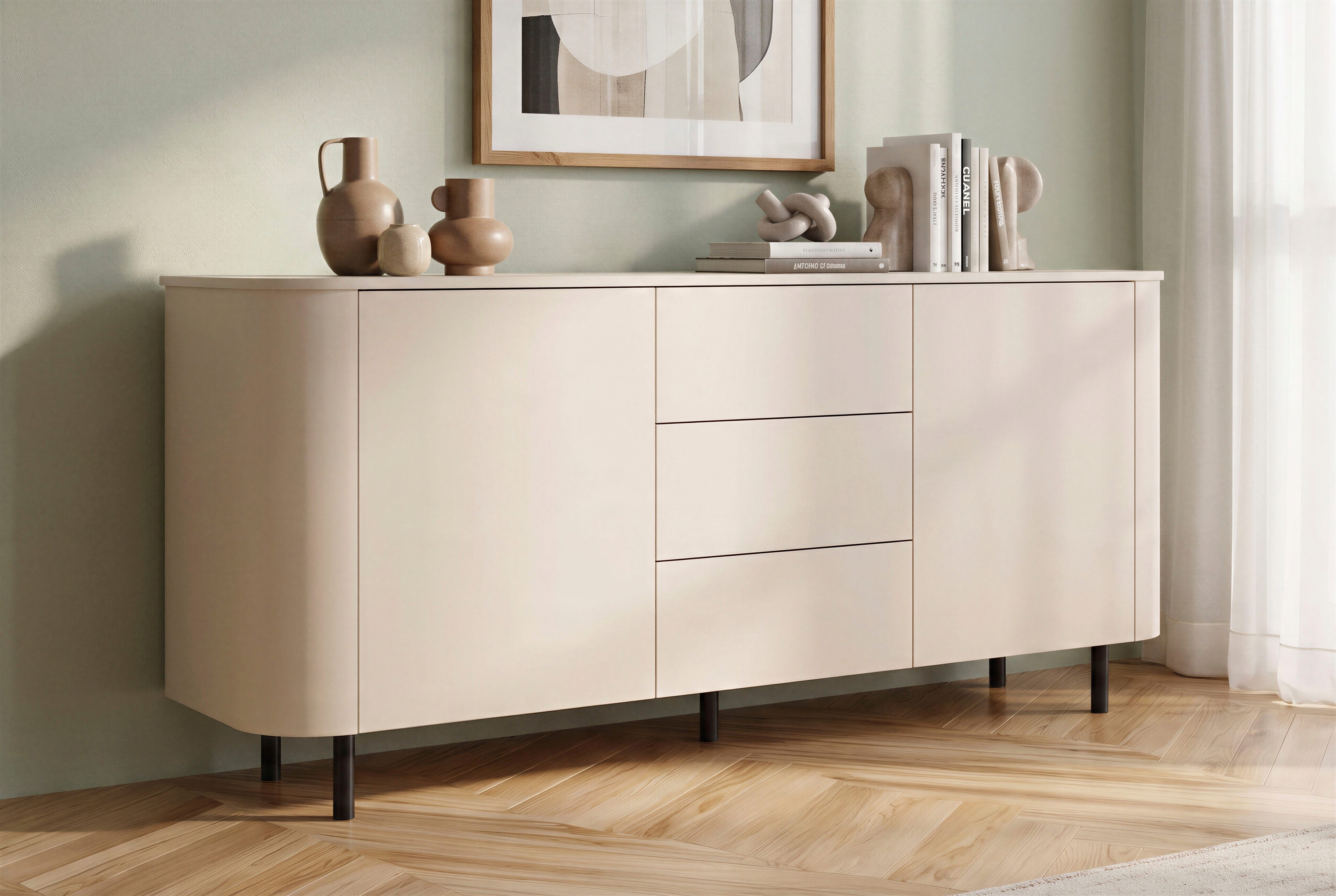 OTTO home Sideboard Lido, 181 cm breit, 2 Türen, 3 Schubkästen, Kommode, Stauraumschrank, Formgebogenes MDF, Stirnseiten mit Rundung, Push-to-open, Metallfüße