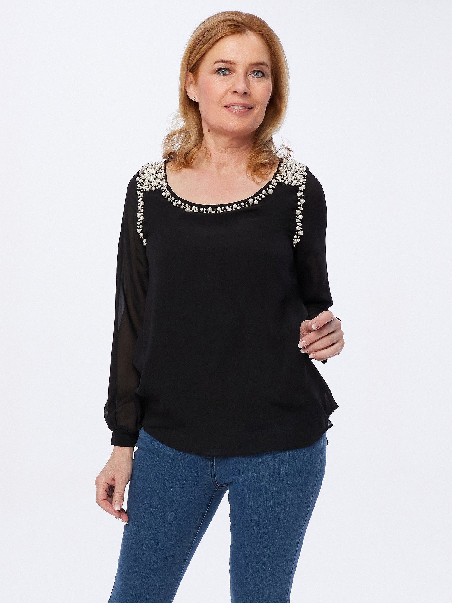 Sarah Kern Langarmshirt Longsleeve figurumspielend mit Perlen bestickt