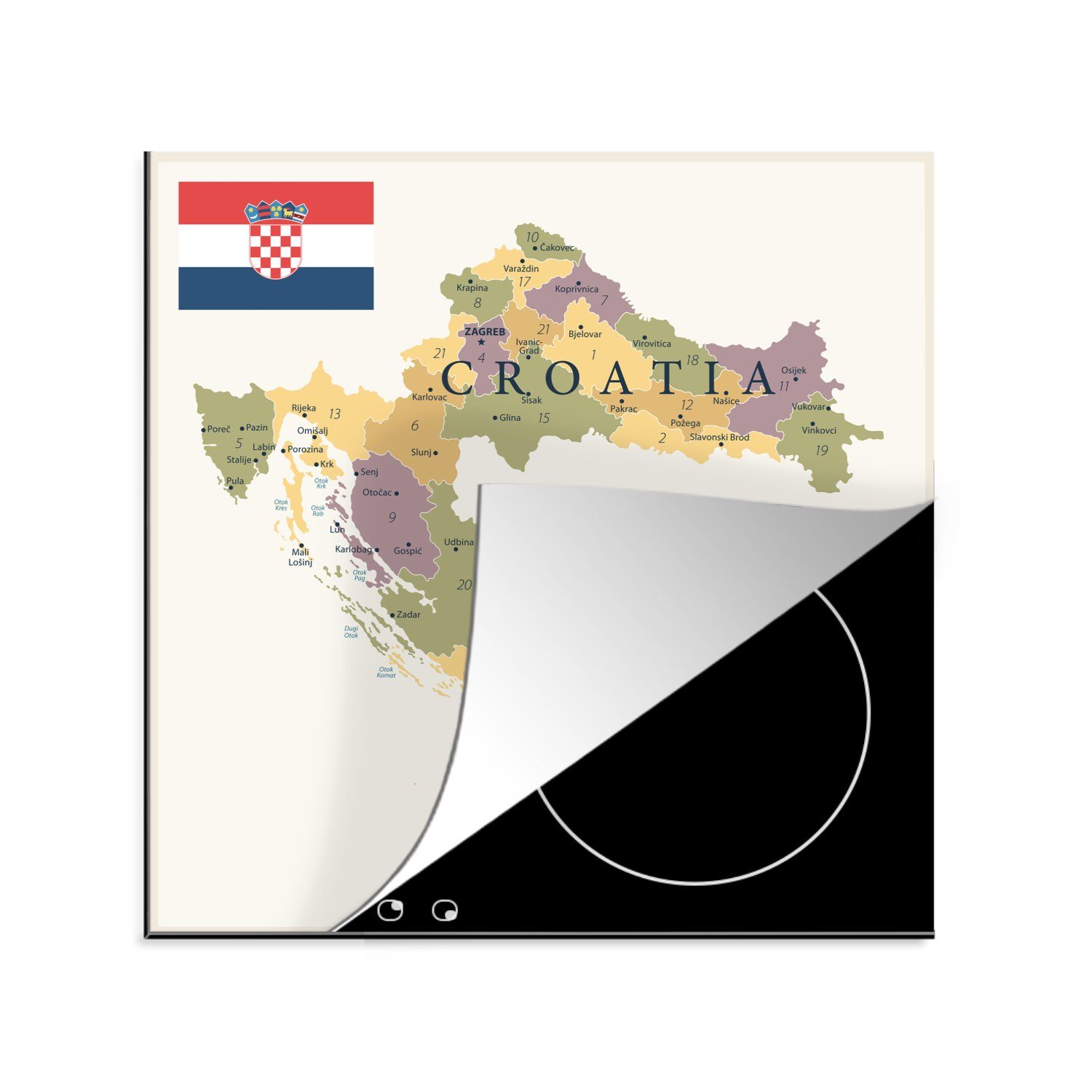 Städten (1 wichtigsten MuchoWow Arbeitsplatte küche tlg), Vinyl, mit für von Gebieten, Ceranfeldabdeckung, cm, Kroatien Karte 78x78 und Herdblende-/Abdeckplatte den