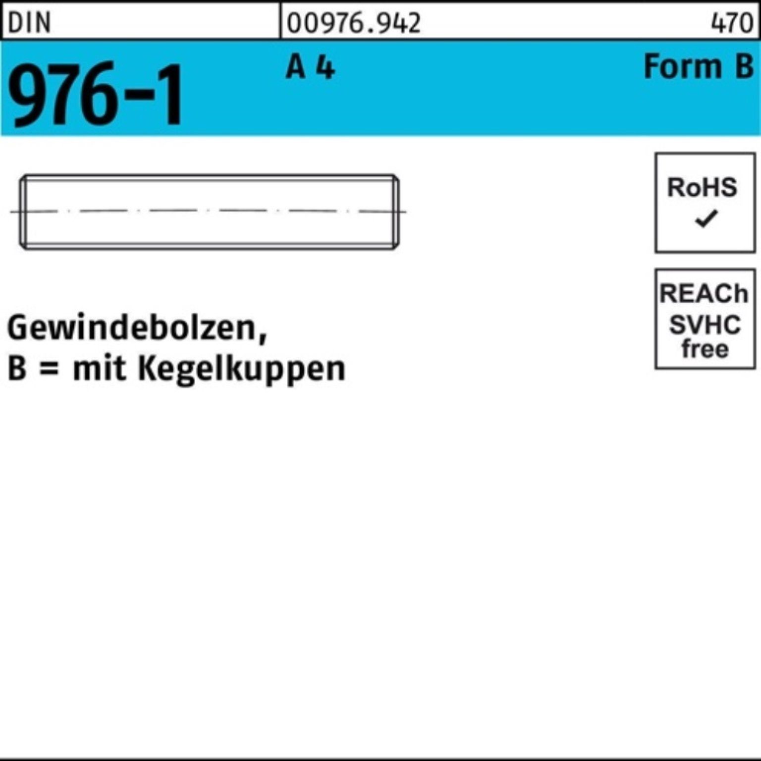 Reyher Gewindebolzen 100er Pack Gewindebolzen DIN 976 Kegelkuppen BM 10x 60 A 4 100 Stück