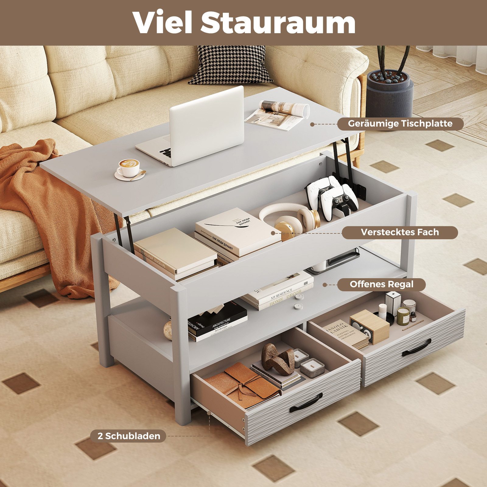 COSTWAY Couchtisch, höhenverstellbar Wohnzimmertisch mit Stauraum Holz