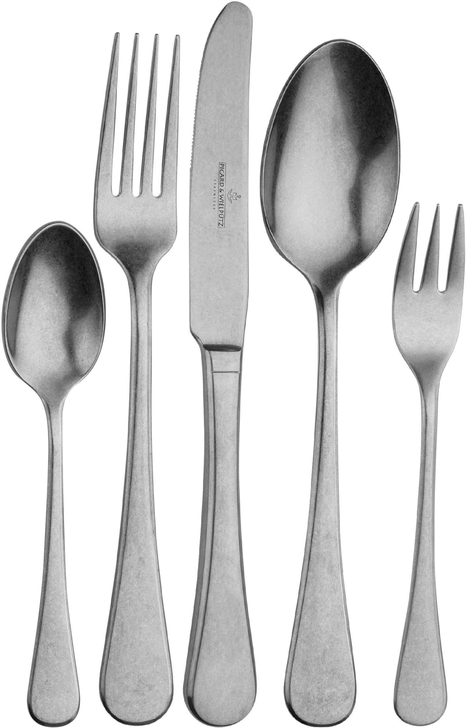Picard & Wielpütz Solingen Besteck-Set Rossini (30-tlg), 6 Personen, Edelstahl 18/10, Vintage-Look, Stone washed, inkl. Klappetui