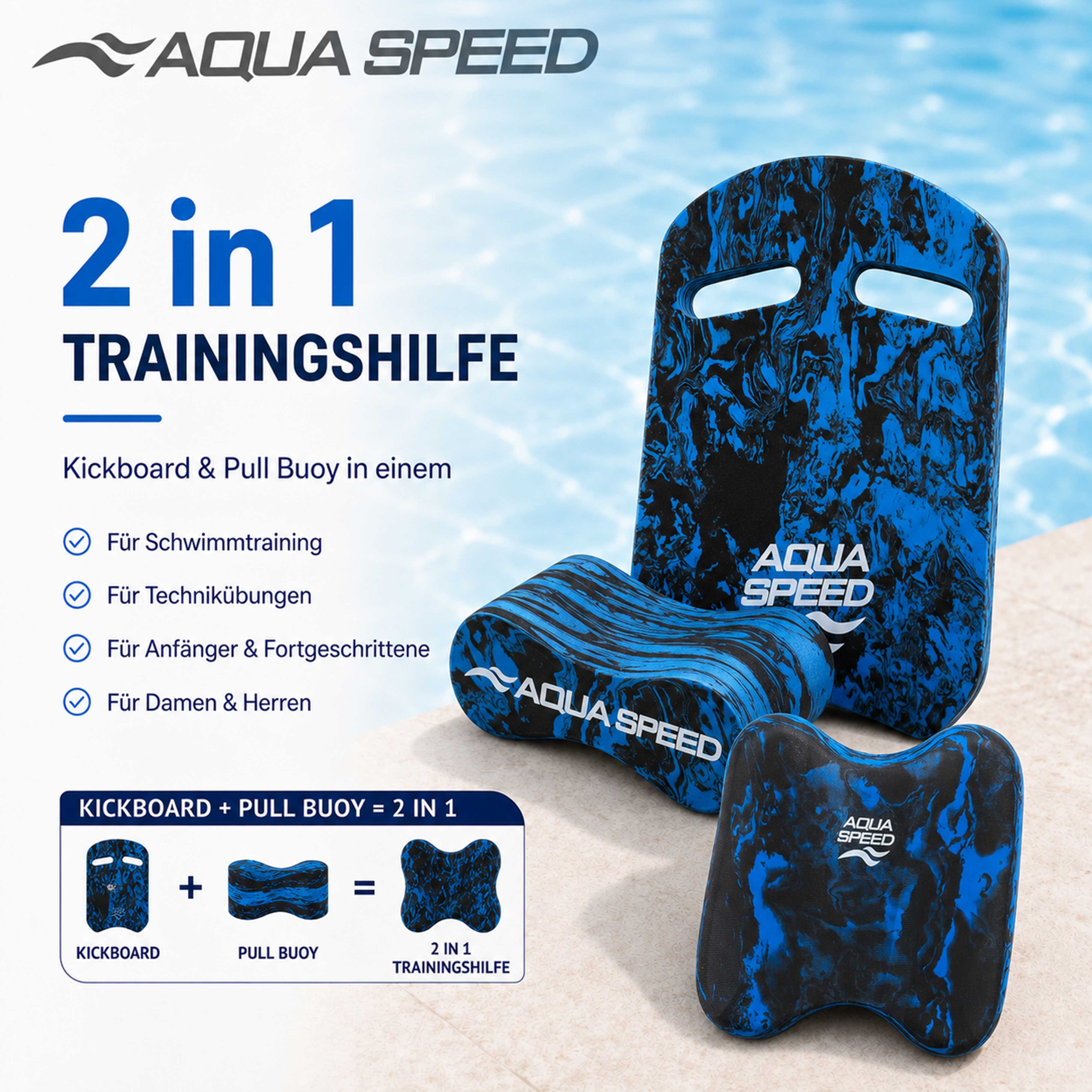 Aqua Speed Schwimmbrett PullKick Schwimmhilfe 2-in-1 Pull Buoy & Kickboard Technik & Kraft, Optimiert Wasserlage & Muskelaufbau – Effektives Trainingstool