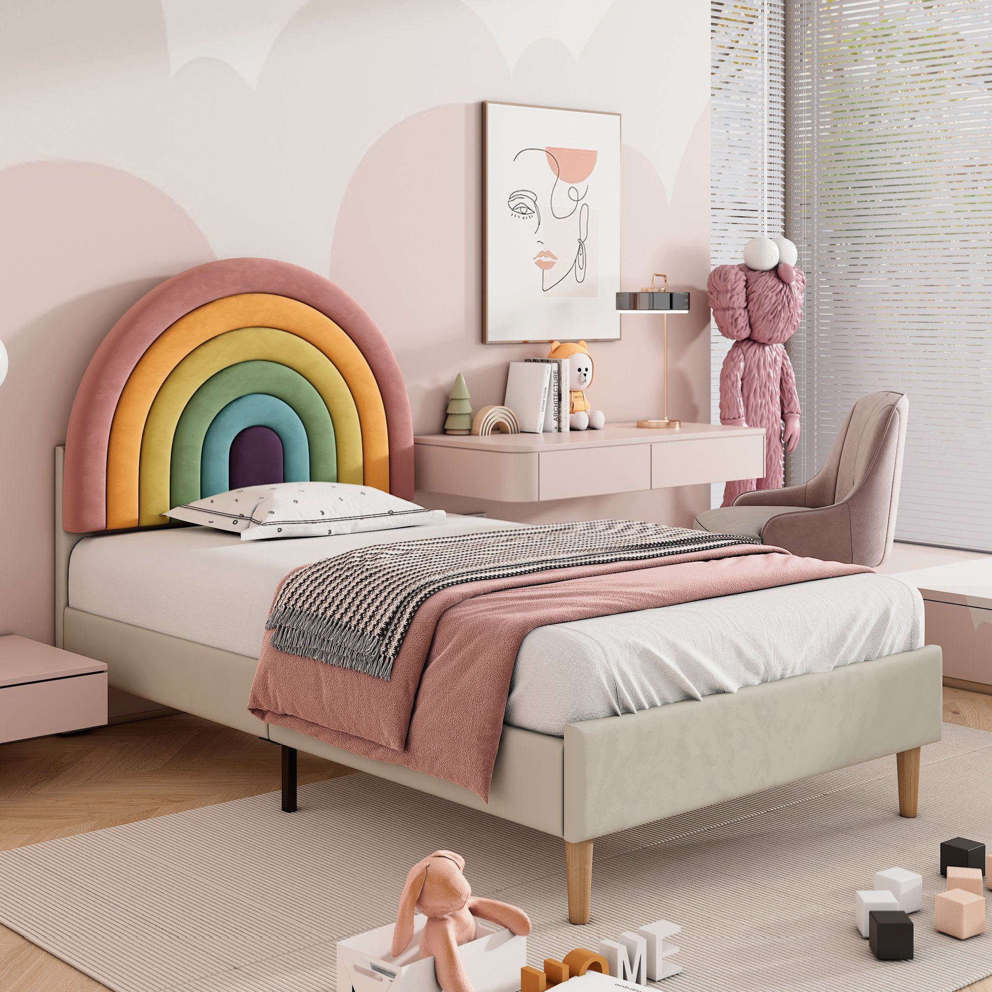 Polsterbett (Jugendbett mit Lattenrost), Kinderbett mit verstellbarem Regenbogen-Kopfteil, 90x200 cm, Samt