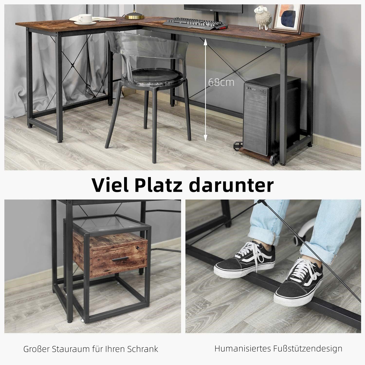 Eckschreibtisch für Aufbewahrungstasche, mit Braun L-förmiger TLGREEN 167 Eckschreibtisch 167cm,Computertisch Büro, 120cm Breite Schreibtisch cm