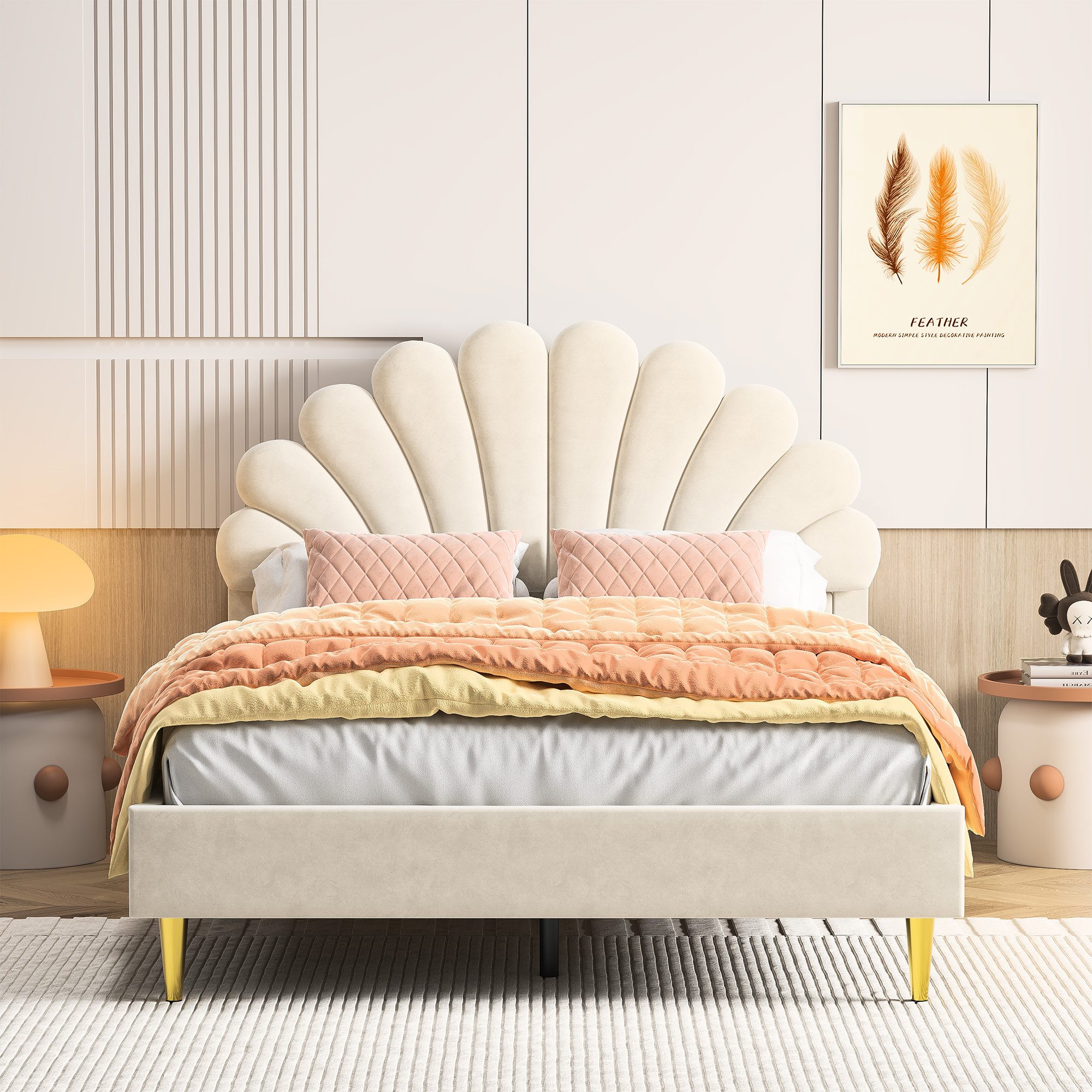 NMCXXO Polsterbett Polsterbett 140x200 mit Lattenrost Samt Beige, Doppelbet günstig online kaufen