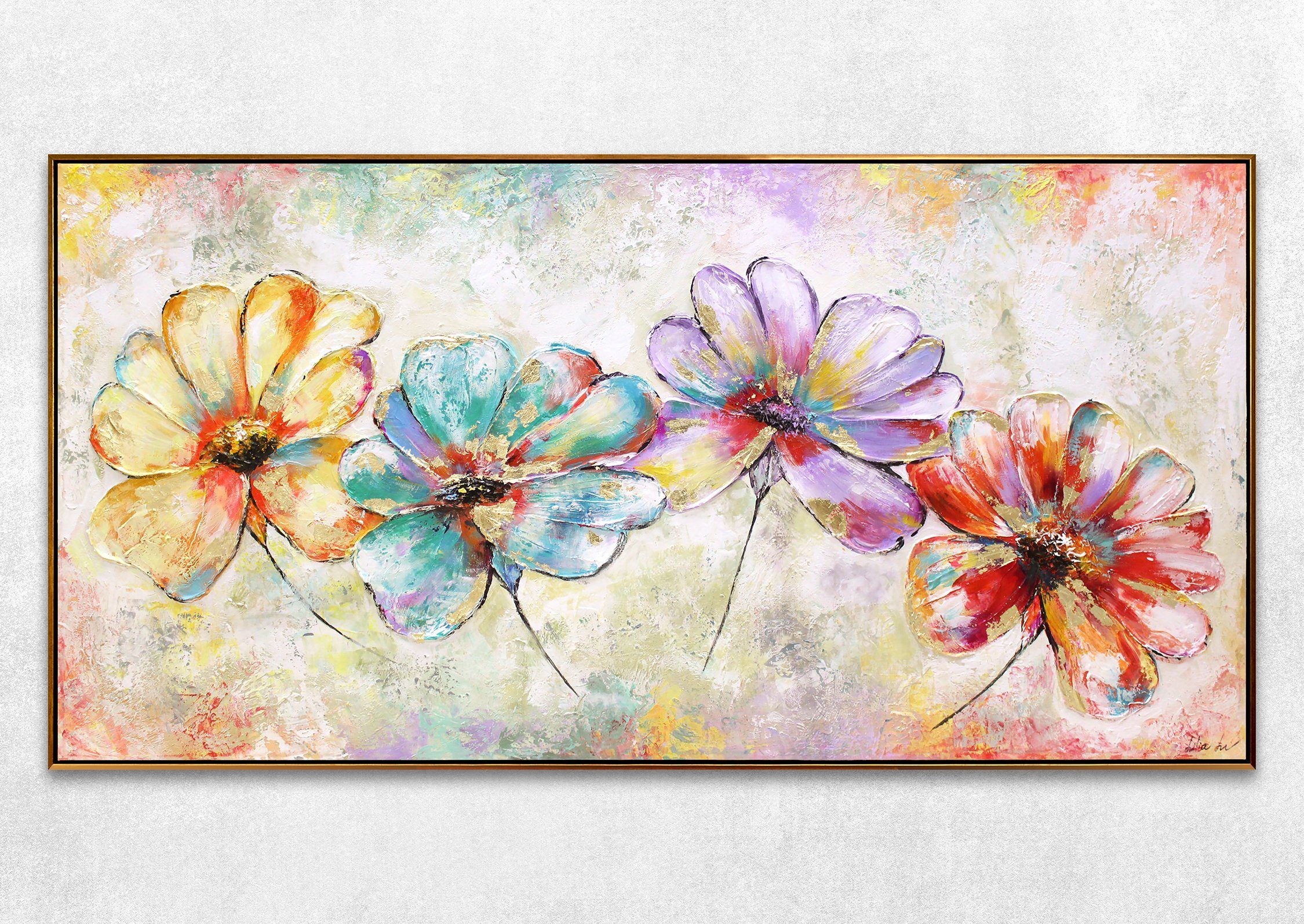 YS-Art Gemälde Schöne Blumen, Blumen, Bunte Blumen auf Leinwand Bild Handgemalt Gold
