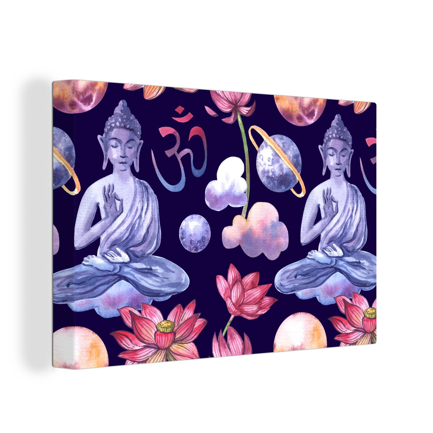 OneMillionCanvasses® Leinwandbild Buddha - Planeten - Muster, (1 St), Wandbild Leinwandbilder, Aufhängefertig, Wanddeko, 30x20 cm