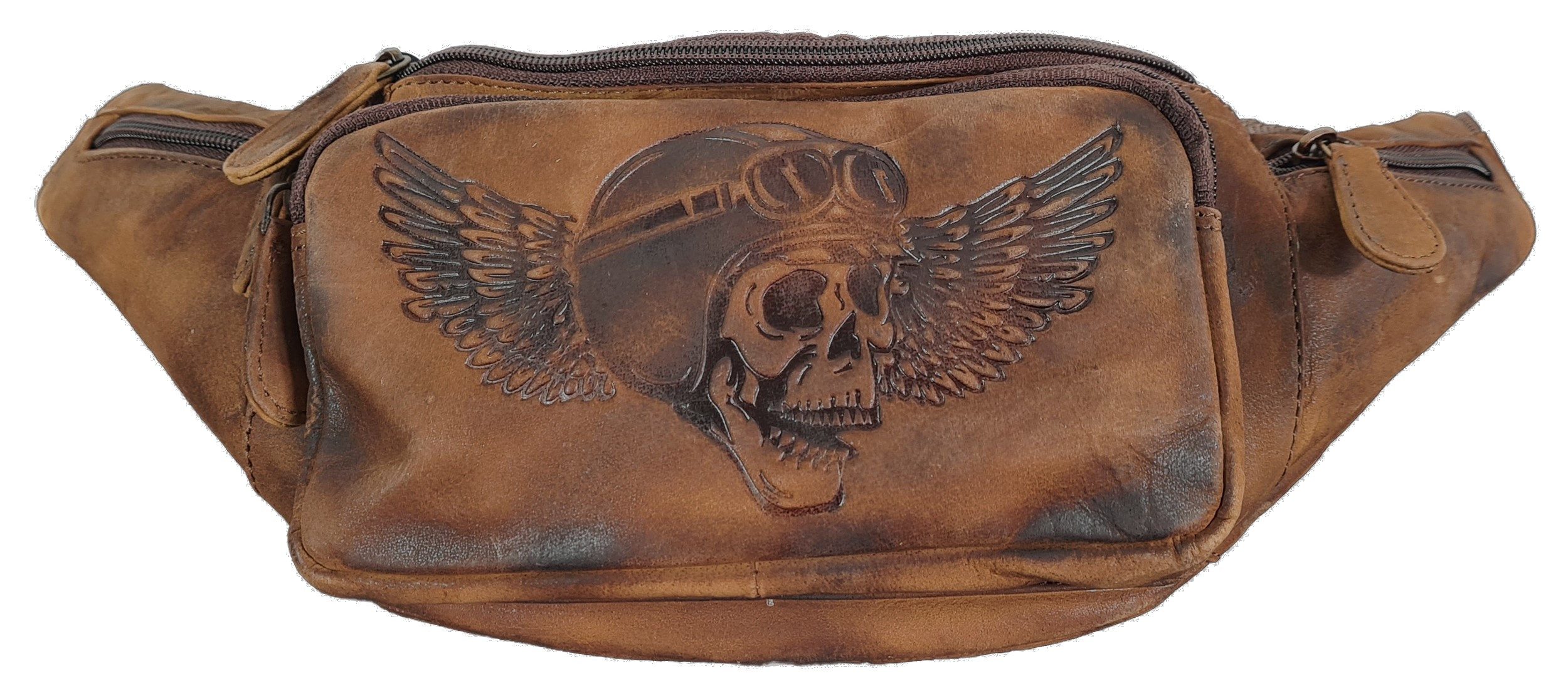 Einkaufszauber Gürteltasche Echt Leder Gürteltasche Bauchtasche Skull Fly Totenkopf Braun, Echtleder