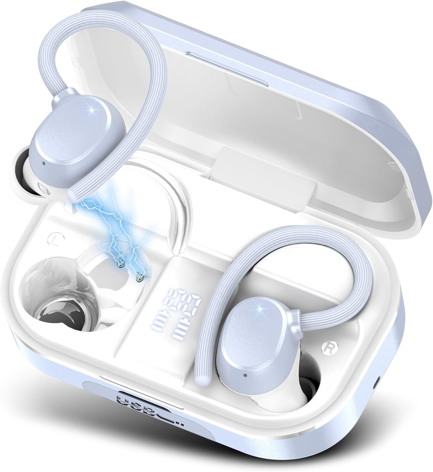 POMUIC Kabellos Bluetooth 5.3 mit HD Mic, 120 Stunden Spielzeit Sport In-Ear-Kopfhörer (Kraftvoller Stereosound und automatisches Pairing für mühelosen Musikgenuss unterwegs, mit LED-Anzeige, Deep Bass, IP7 Wasserdichte Ohrhörer mit Ohrhaken)