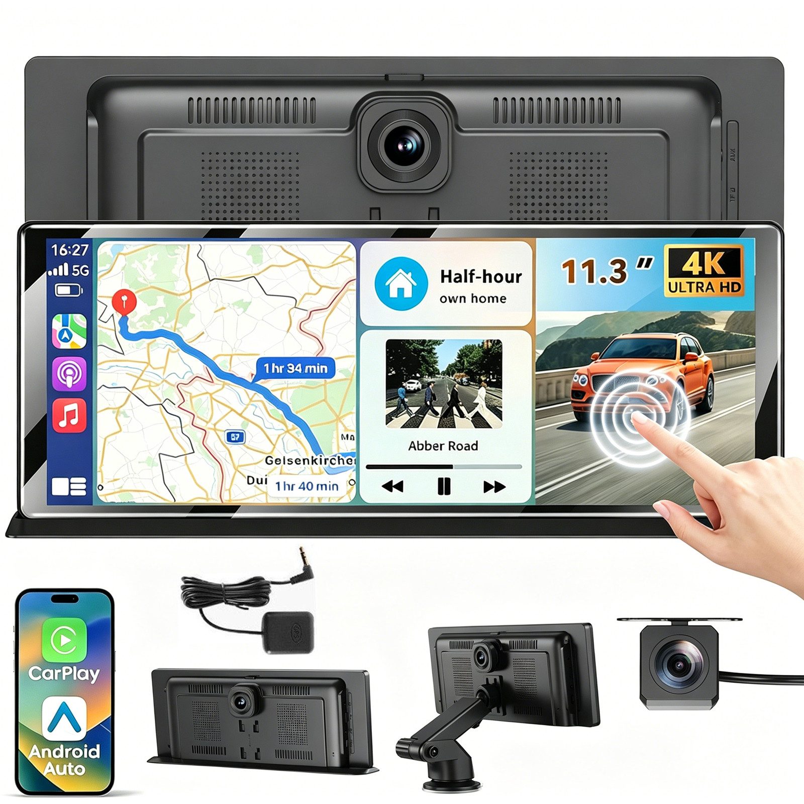 ESSGOO 4K 11.3'' Wireless Carplay Android Auto Dashcam mit Rückfahrkamera GPS Navigationsgerät (Apple Carplay Android Auto GPS Navi WIFI BT EQ)