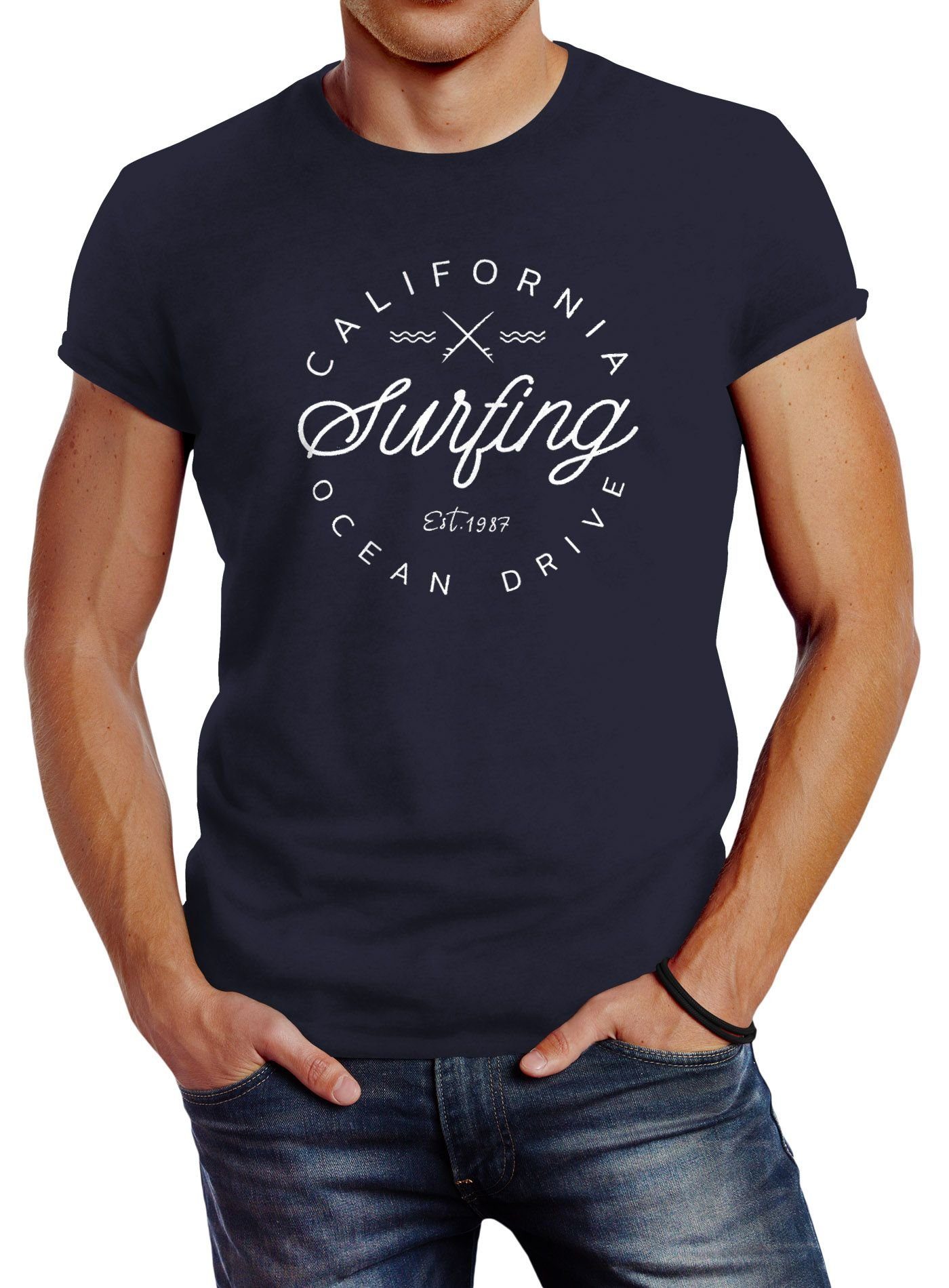 California Summer Surfing mit Neverless Neverless® Slim Print-Shirt Herren Drive Fit navy Print Ocean T-Shirt