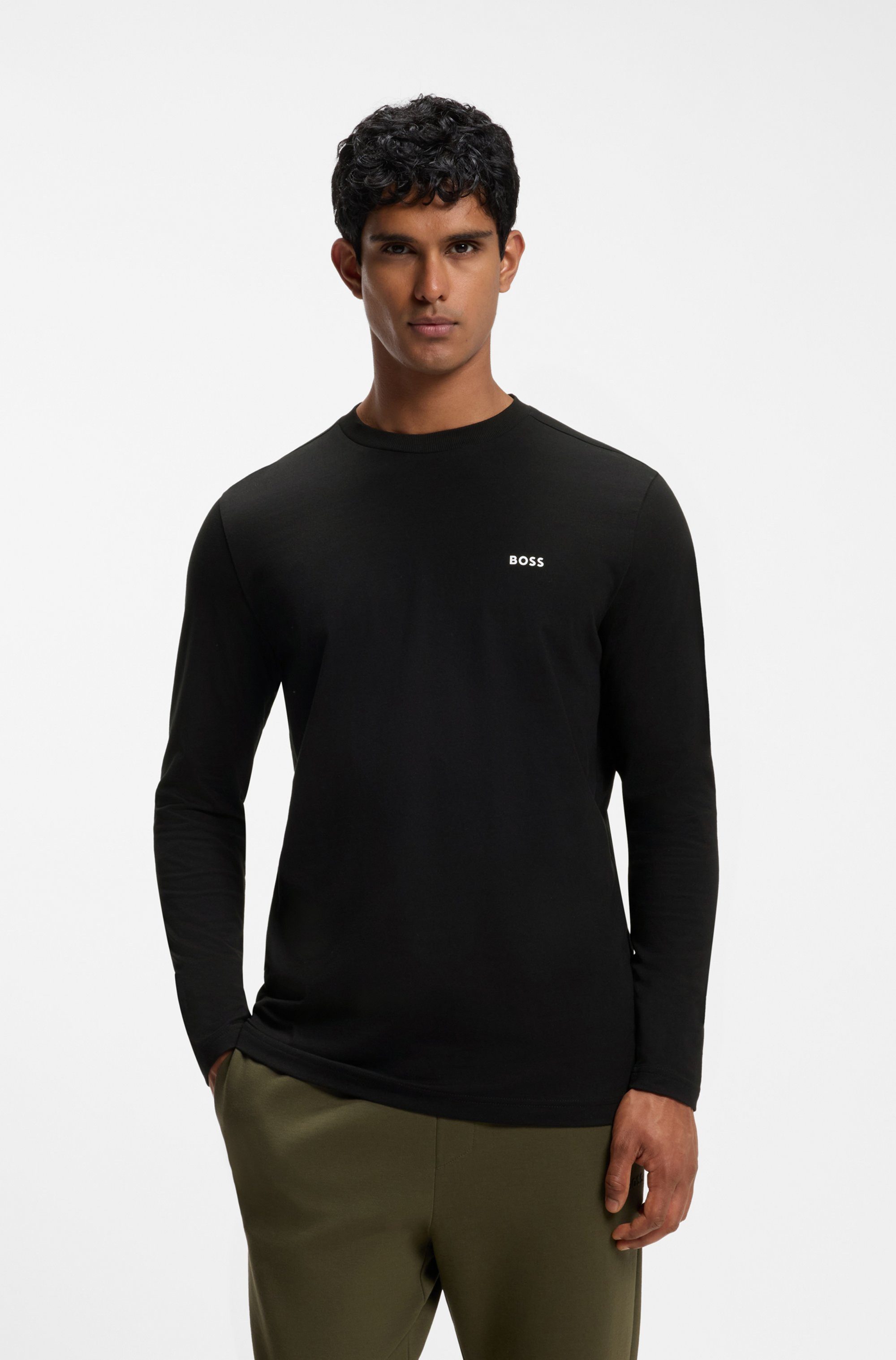 BOSS GREEN Langarmshirt Tee Long Regular Fit Stretch Jersey Cotton, Logo on Chest, Rundhals