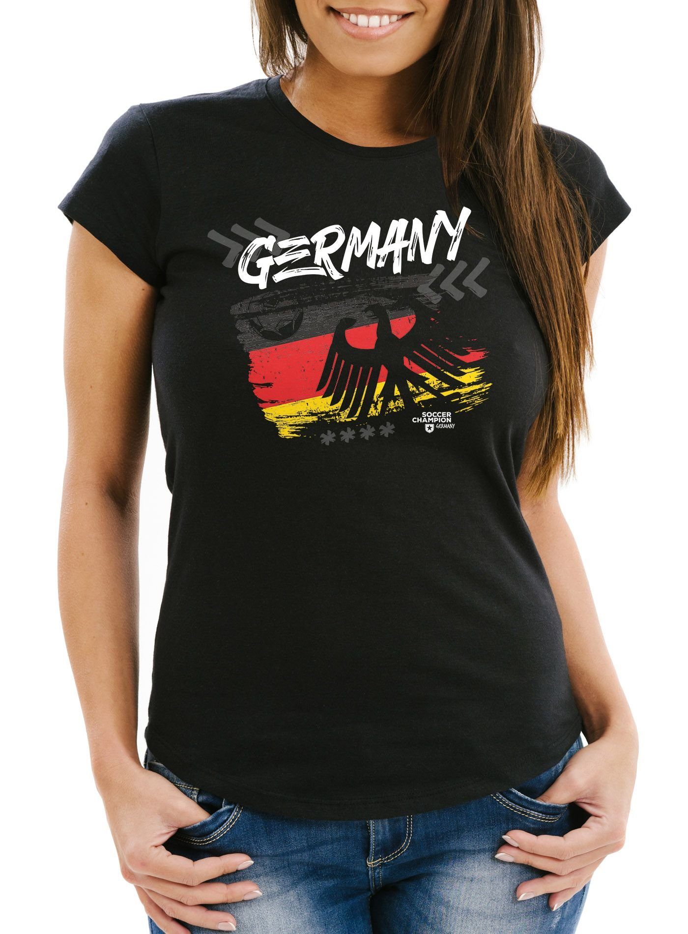 MoonWorks Print-Shirt Damen WM-Shirt WM Fußball Weltmeisterschaft Deutschland Adler Slim Fit tailliert Moonworks® mit Print schwarz