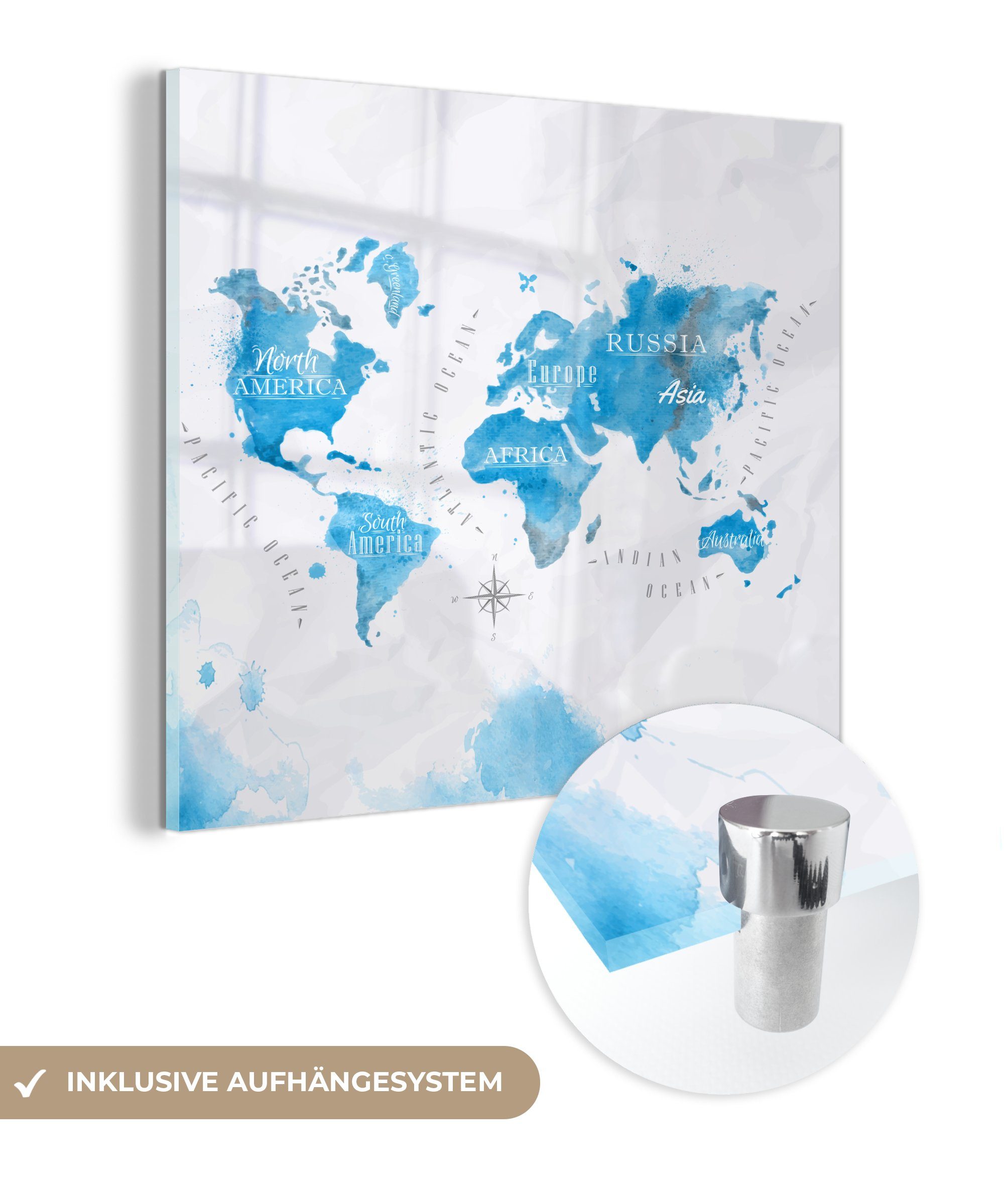 MuchoWow Acrylglasbild Aquarell - Weltkarte - Blau, (1 St), Glasbilder - Bilder auf Glas Wandbild - Foto auf Glas - Wanddekoration | Bilder