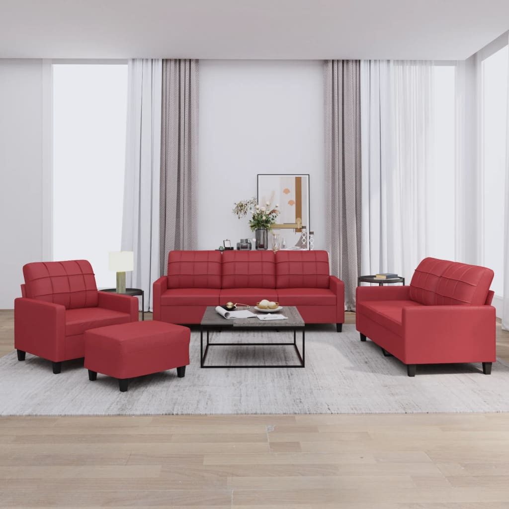 vidaXL Sofa vidaXL 4-tlg. Sofagarnitur mit Kissen Weinrot Kunstleder