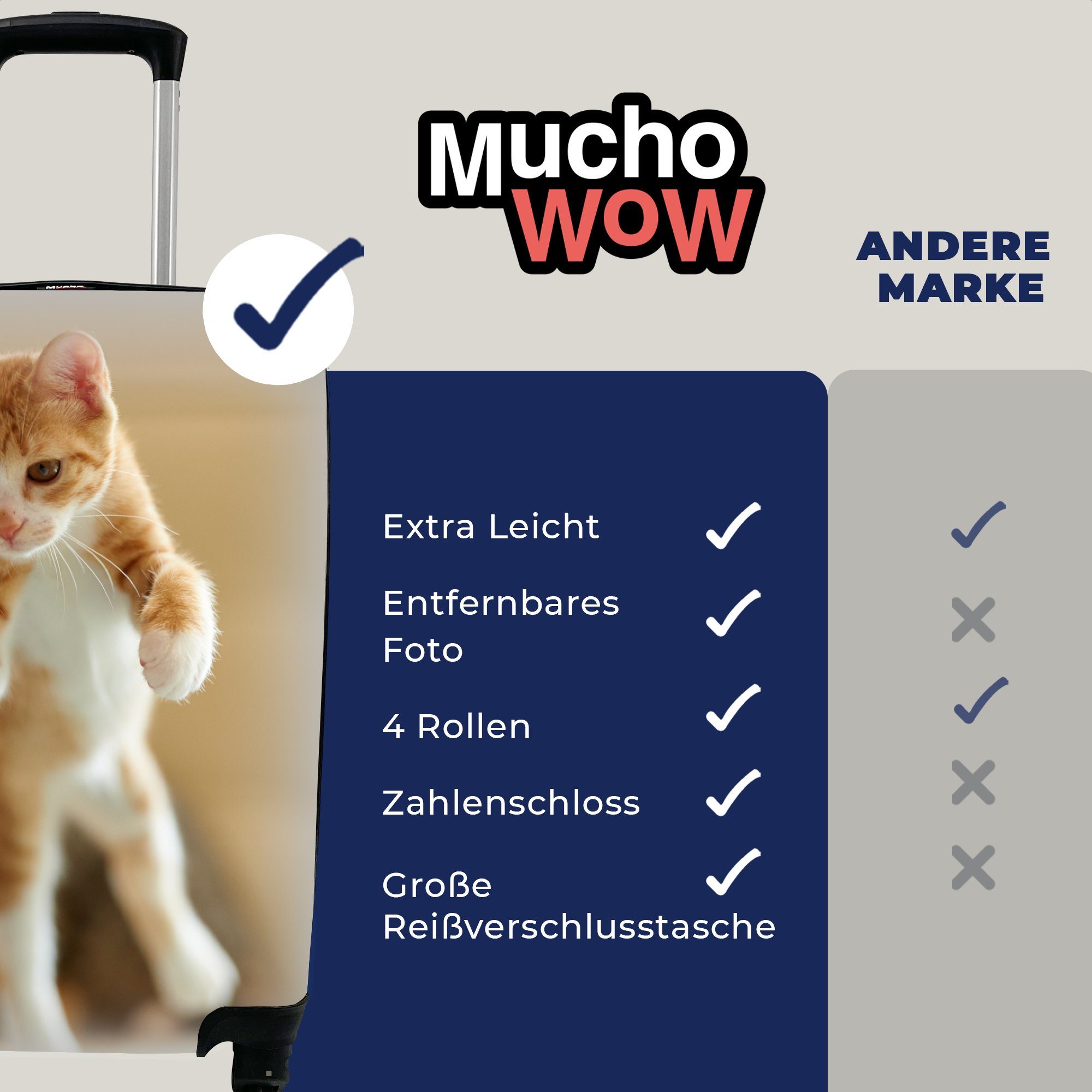 MuchoWow Handgepäckkoffer Eine springenden Kätzchens, rollen, Handgepäck eines Ferien, Reisekoffer 4 Trolley, für Rollen, Nahaufnahme mit Reisetasche