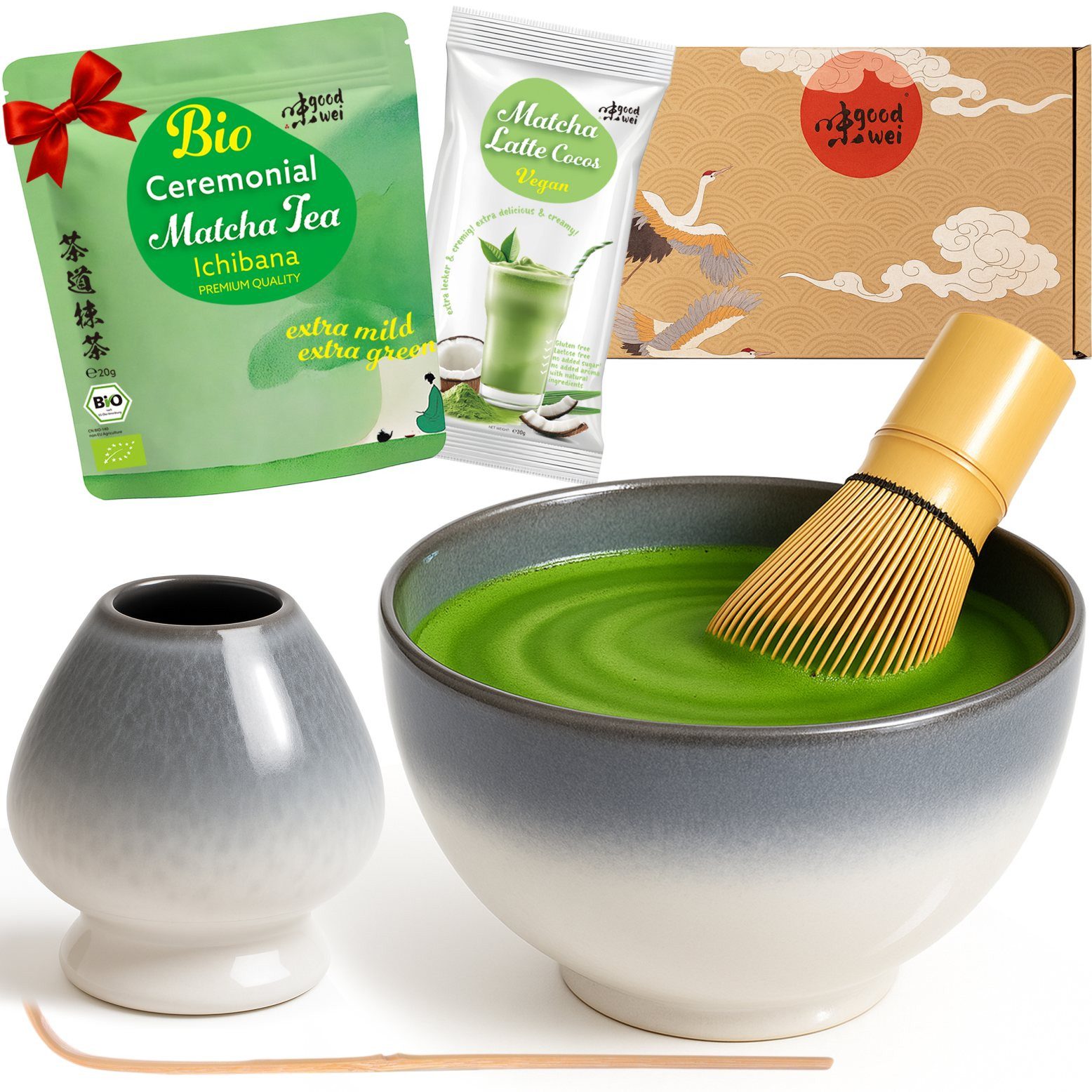 Goodwei Tee Matcha Set - Teeschale, Matchabesen mit Halter & Ceremonial Matcha Tee