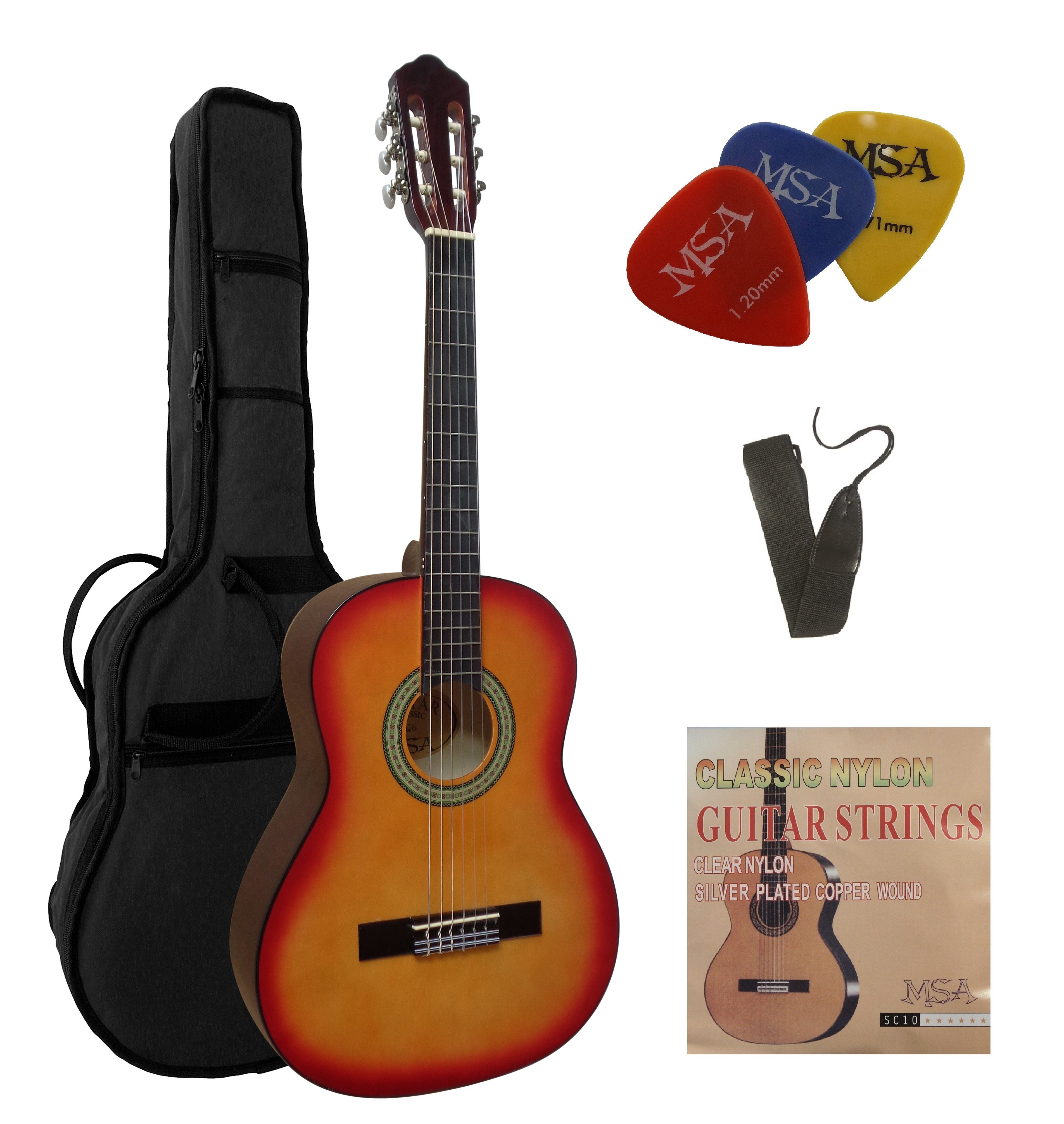 MSA Akustikgitarre J, Konzertgitarre Junior im Set mit Tasche, Band, Nylonsaiten, 3x Pleks