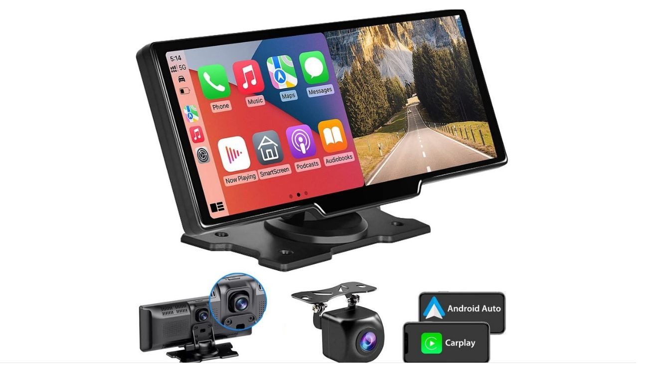 GABITECH 10 Zoll tragbares Navi Carplay Autoradio 2 Kameras & Sprachsteuerung Autoradio (Bluetooth, 1 DVR Dashcam & Videoaufzeichnung, 1 Rückfahrkamera, WiFi)