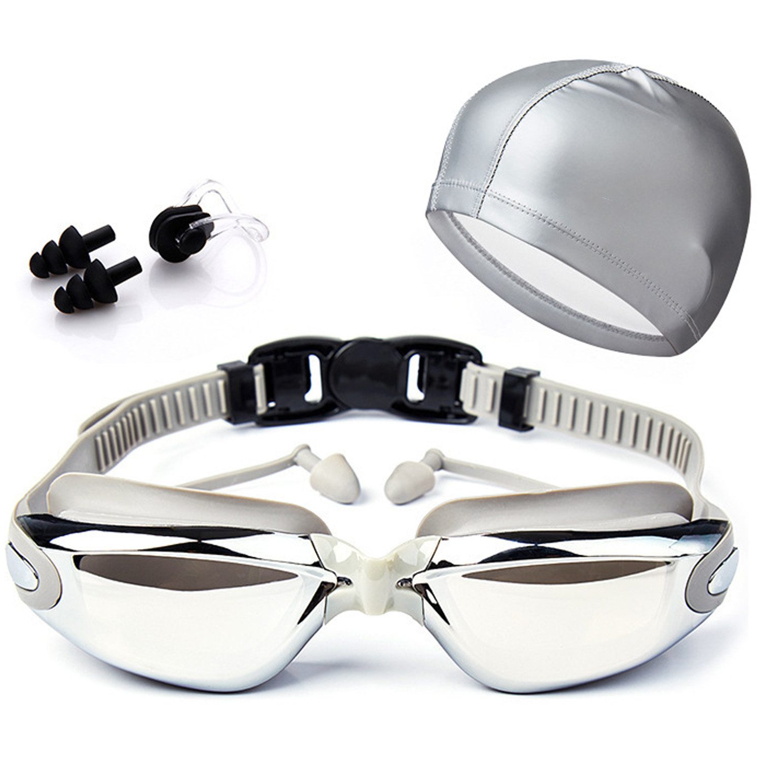 ZEUOPQ Schwimmbrille 4-St Schwimmbrillen Badekappe, Nasenklammer, Ohrstöpsel, Handytasche, (4-St), Wasserdicht beschlagfrei, UV-Schutz, Unisex.