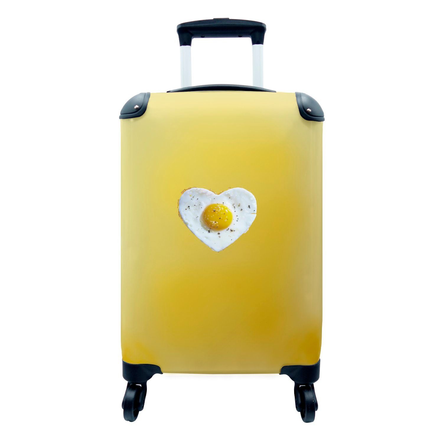 MuchoWow Handgepäckkoffer Herzförmiges Spiegelei auf gelbem Hintergrund, 4 Rollen, Reisetasche mit rollen, Handgepäck für Ferien, Trolley, Reisekoffer