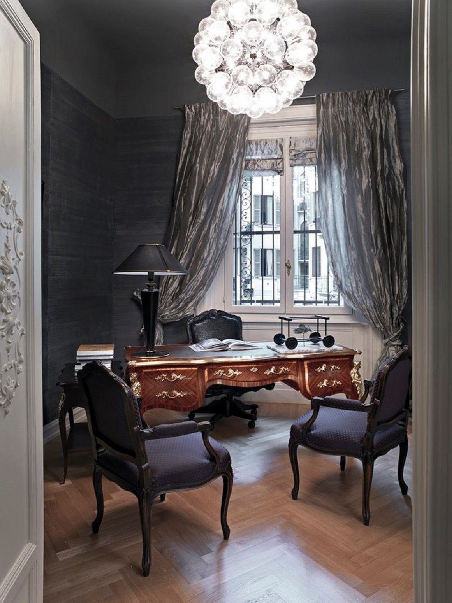 Casa Padrino Schreibtisch Luxus Barock - - Schreibtisch in / Italy Qualität Dunkelbraun mit Luxus Schwarz Barock / handgefertigter Made Schubladen Prunkvoller Massivholz 5 - - Gold Bürotisch Büromöbel