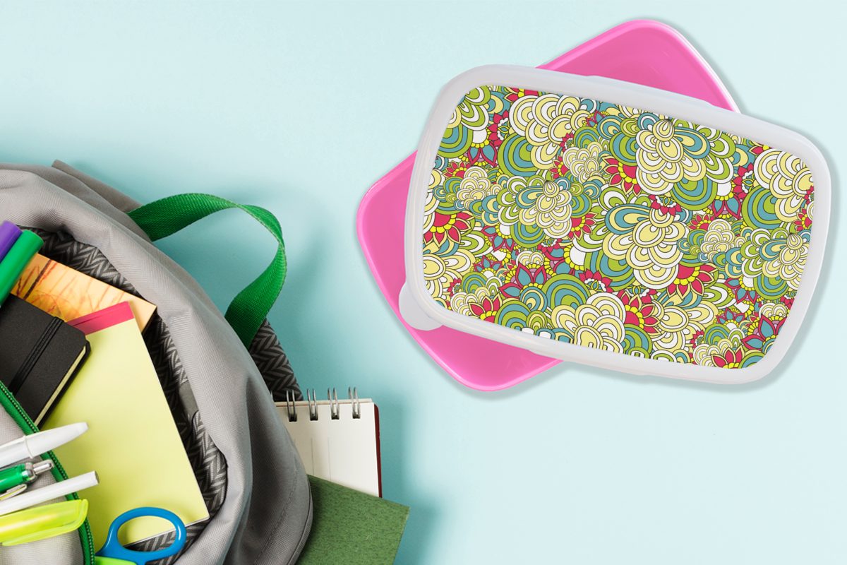 Erwachsene, - Muster - Mädchen, Kunststoff Frühling, Lunchbox rosa Blumen Snackbox, Brotdose für Brotbox Kinder, MuchoWow (2-tlg), Kunststoff,