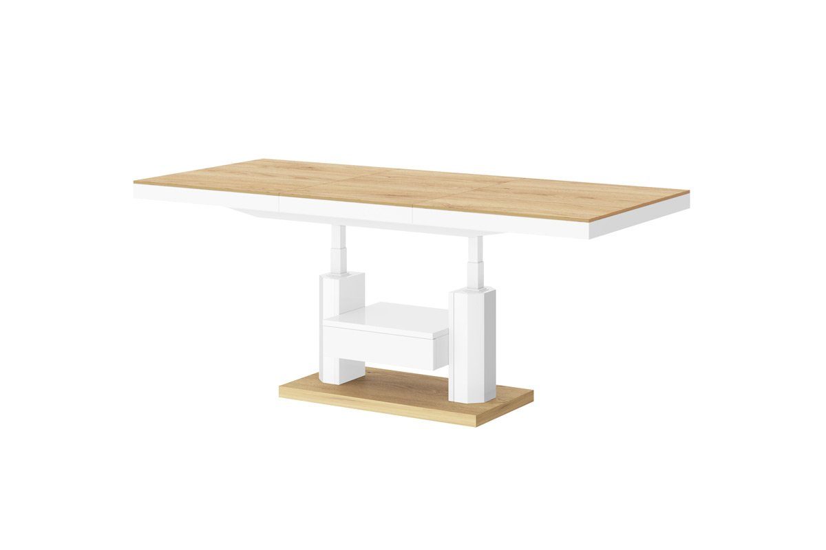 designimpex Couchtisch Design Eiche HM-120 stufenlos Natur - Hochglanz Hochglanz höhenverstellbar Weiß Tisch ausziehbar