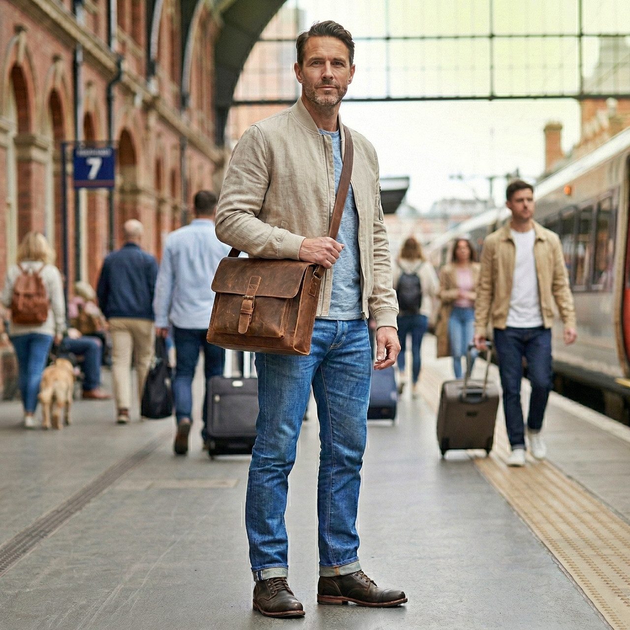LECONI Umhängetasche Messenger Bag Aktentasche Büro Damen Herren Echt Leder LE3054, Schnallenüberschlag – abnehmbarer Schulterriemen – 38×29×11 cm