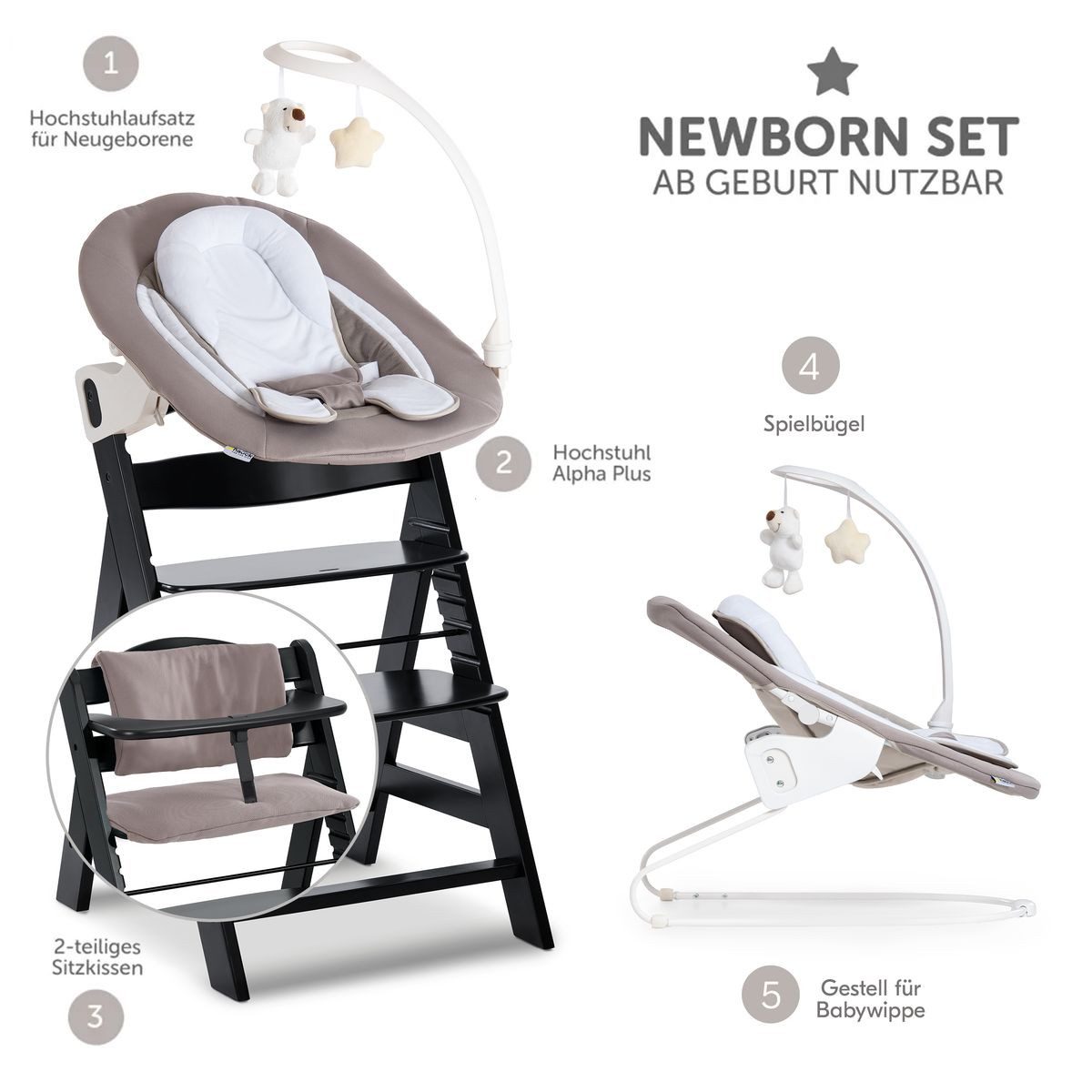 Hauck Hochstuhl Alpha Plus Black Newborn Set Deluxe, Holz Babystuhl ab Gebu günstig online kaufen