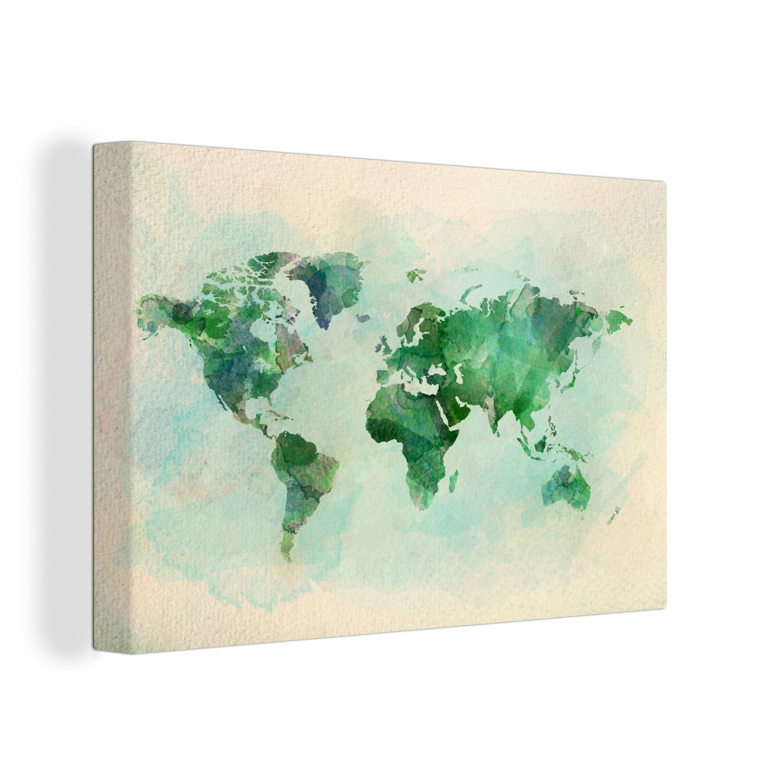 OneMillionCanvasses® Leinwandbild Weltkarte - Aquarell - Grün, (1 St), Wandbild Leinwandbilder, Aufhängefertig, Wanddeko, 30x20 cm
