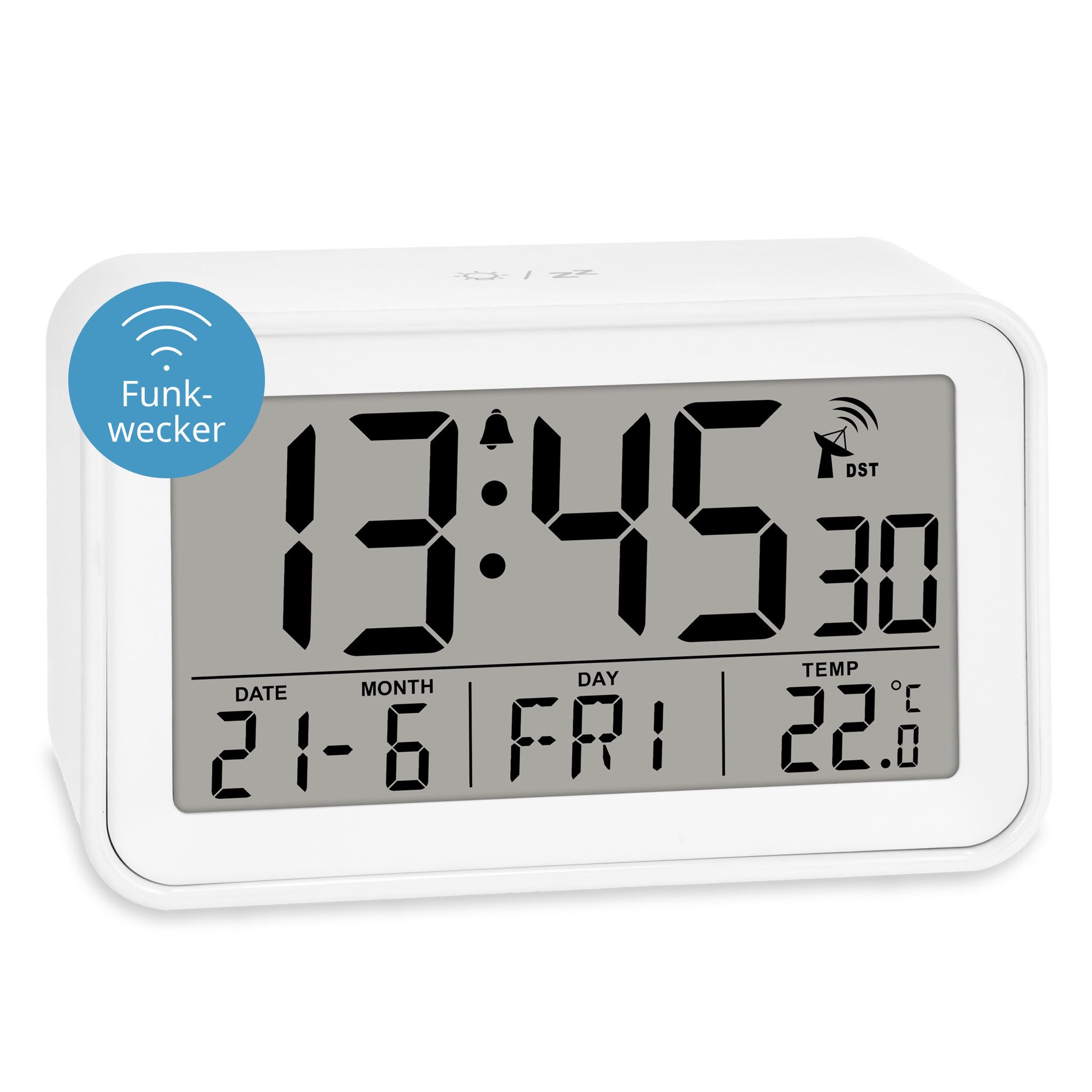 ADE Funkwecker mit Kalender, Thermometer und Beleuchtung idealer Reisewecker mit Snooze, inkl. AAA Batterien