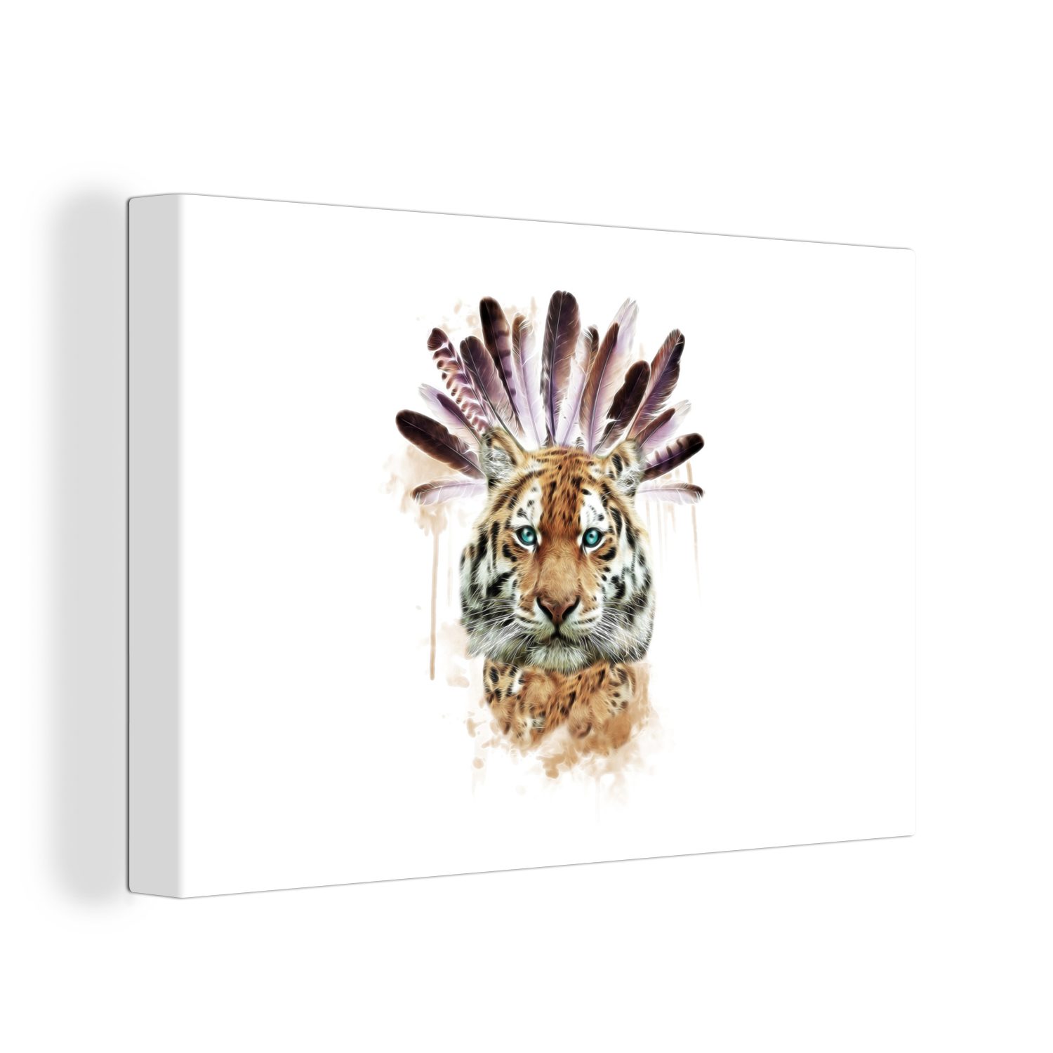 30x20 OneMillionCanvasses® Kopf Tiger (1 Aufhängefertig, Wanddeko, cm St), Federn, - Wandbild Leinwandbilder, - Leinwandbild