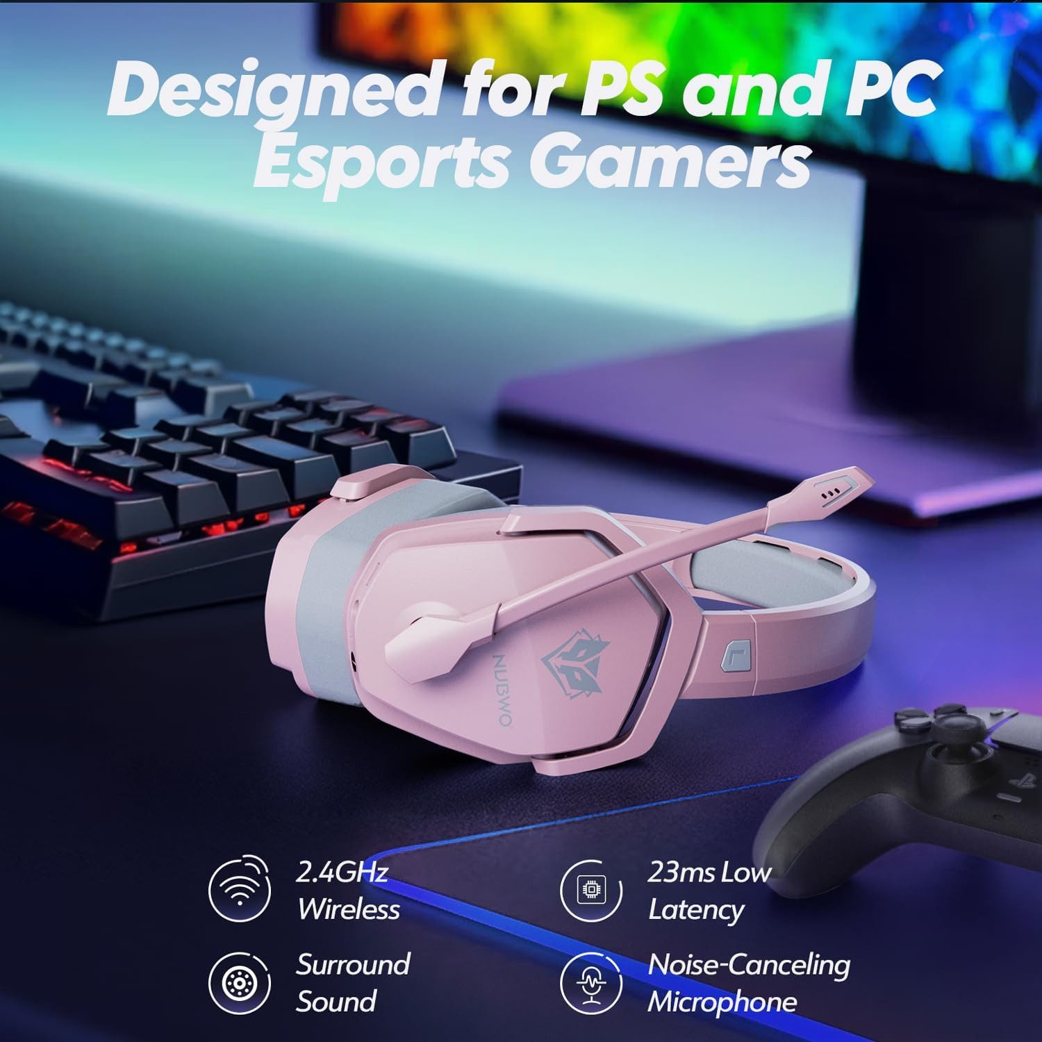 NUBWO mit Mikrofon für PS5 PS4 PC 100h Akku Gaming-Headset (Extra lange Akkulaufzeit von bis zu 100 Stunden garantiert unterbrechungsfreies Gaming auch bei langen Sessions ohne Aufladen, 2,4 GHz + BT Gaming Kopfhörer mit 50mm Treiber & langer Laufzeit)
