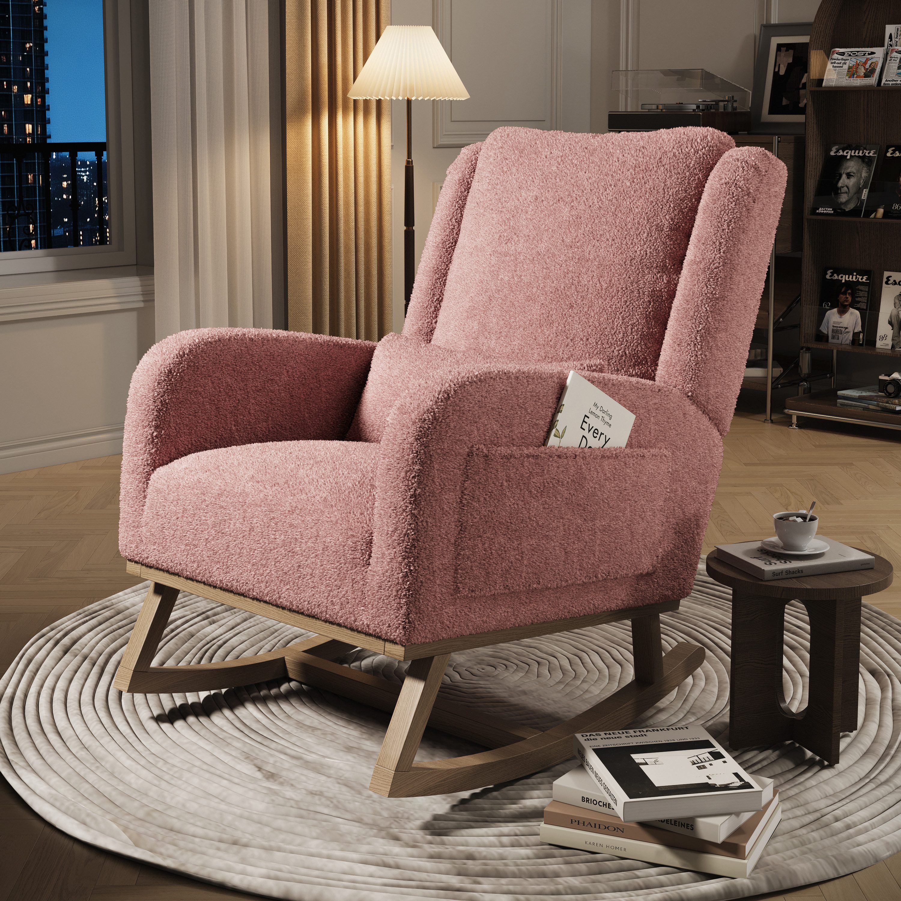 Gdood Schaukelstuhl Stillsessel Relaxsessel Sehr gut geeignet für Schlafzimmer Wohnzimmer (1 St), 2 Seitentaschen, 1 Lendenkissen, Teddy Velvet