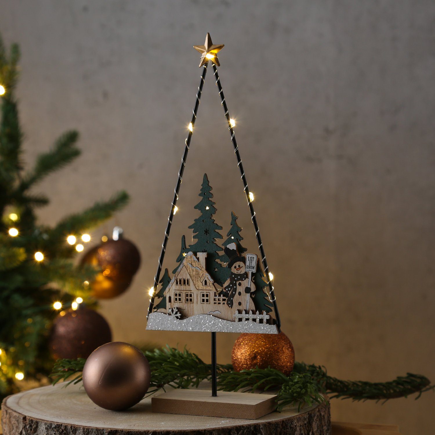 MARELIDA LED Dekoobjekt Schneemann Tischdekoration 3000K) LED Baum (2100K warmweiß Holz bis Weihnachten, beleuchtet