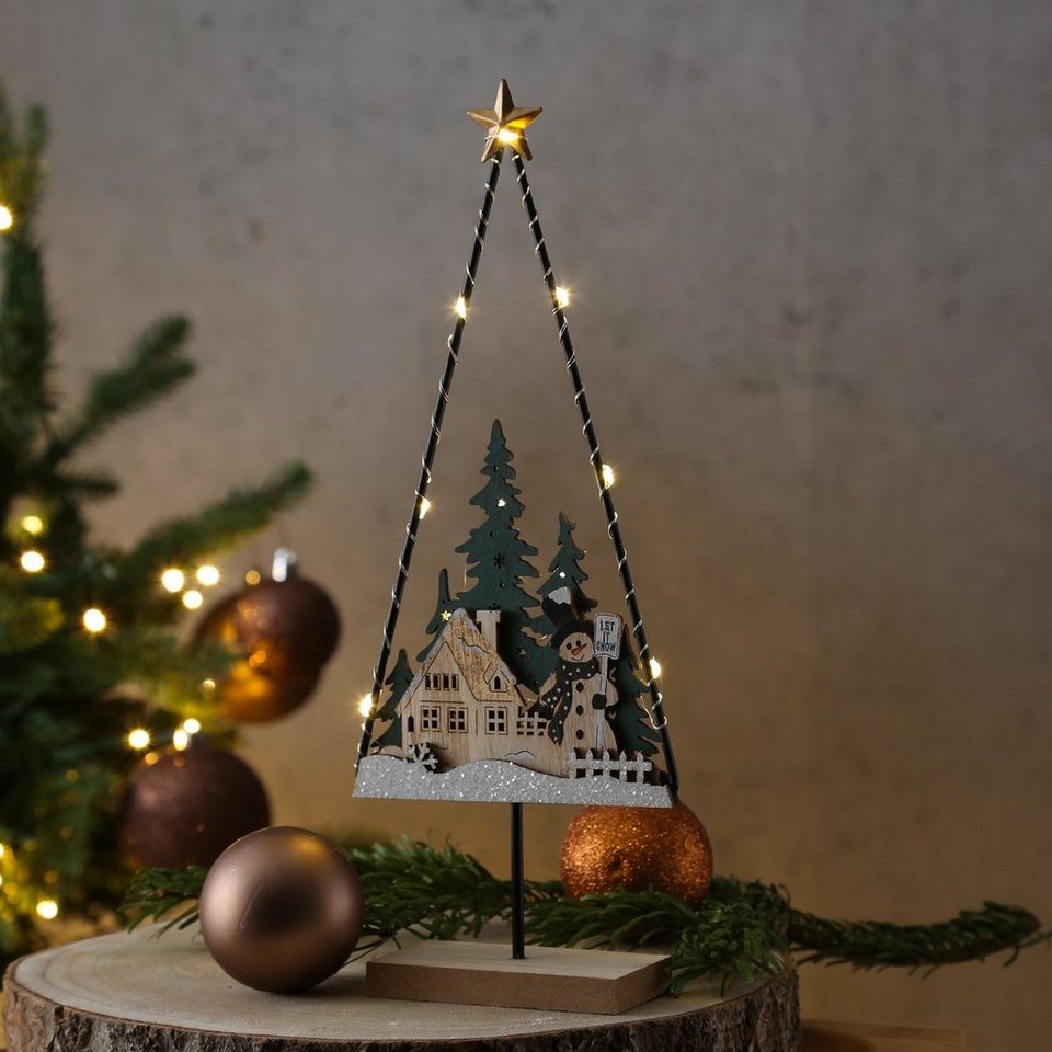 MARELIDA LED Dekoobjekt LED Holz Baum Schneemann beleuchtet Tischdekoration  Weihnachten, warmweiß (2100K bis 3000K)