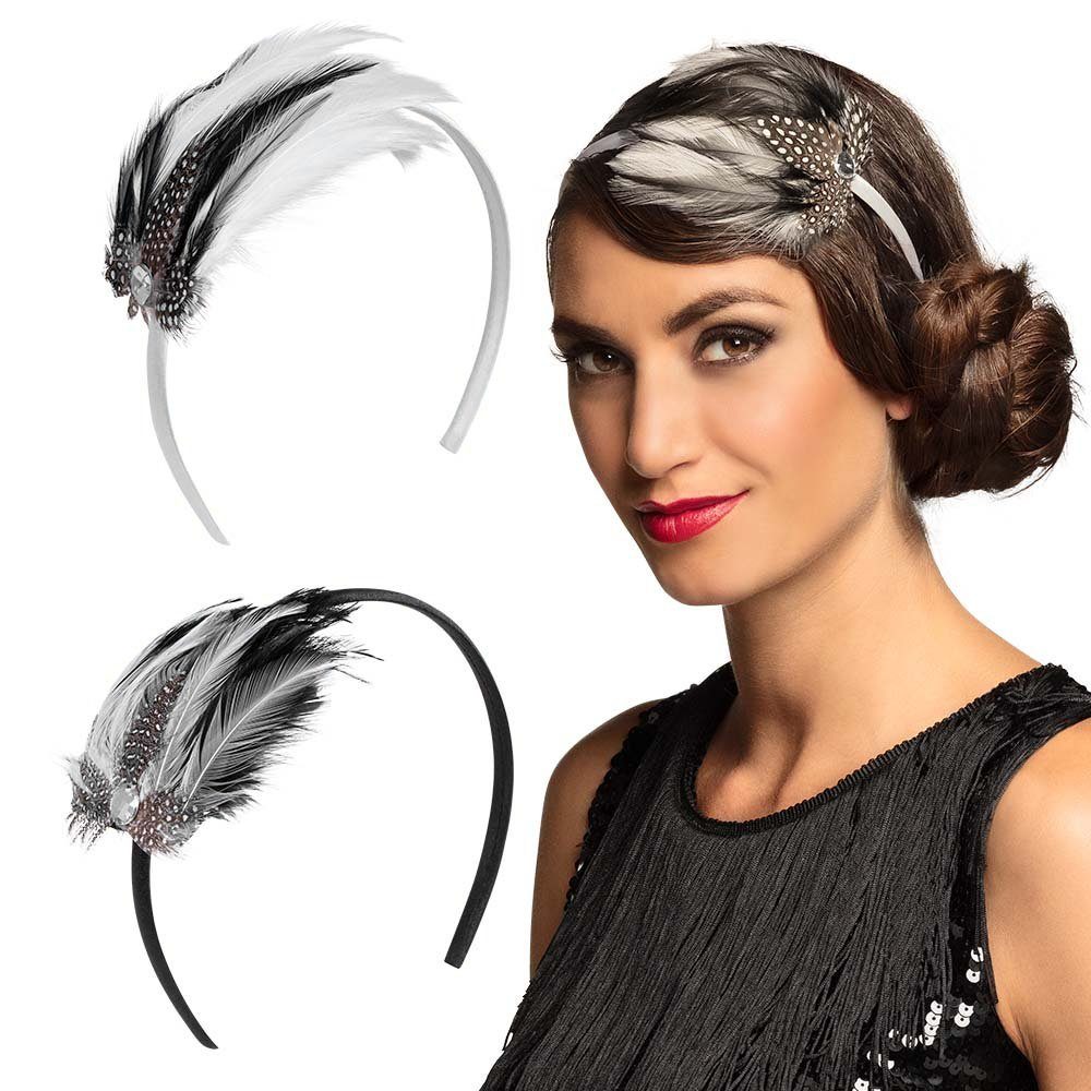 Boland Kostüm Flapper Haarreif schwarz & weiß - Faschingskostüm, Zwei Haarreifen mit Federschmuck