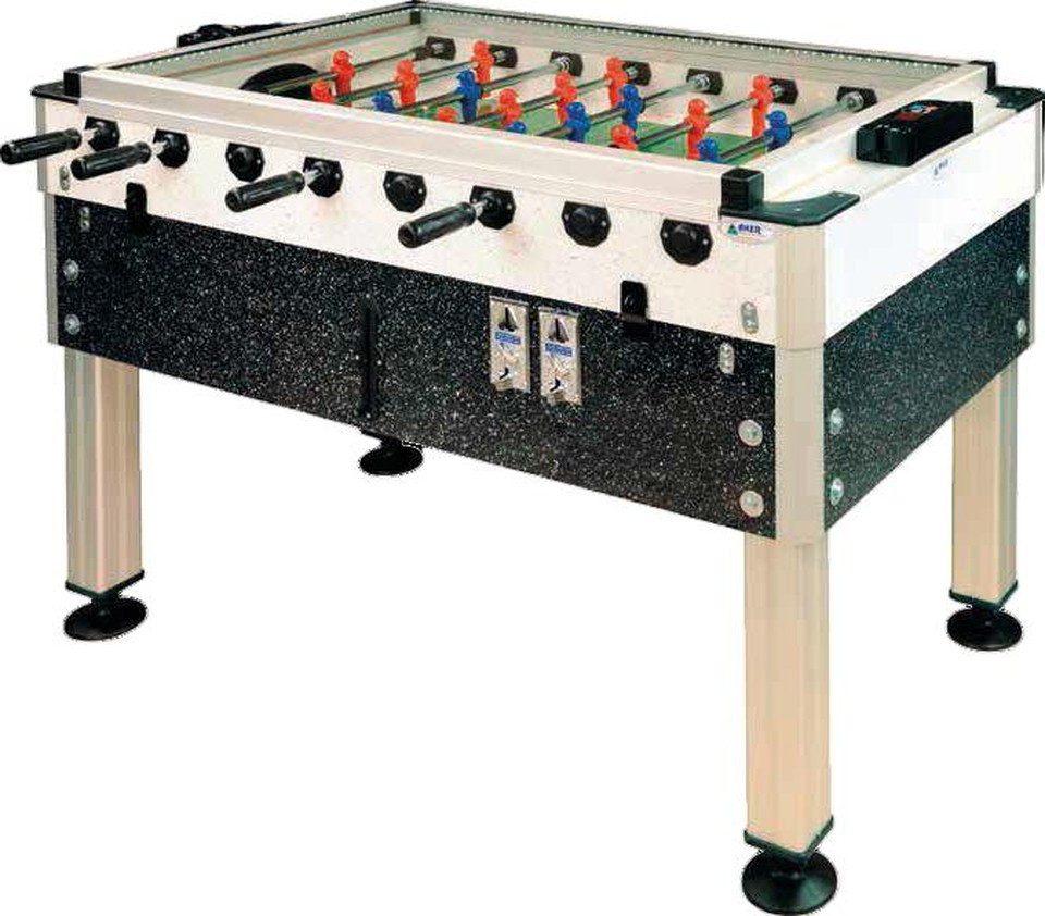 Kickertisch Schwarzer Tischkicker aus Aluminium mit Münzbehälter und Zähler
