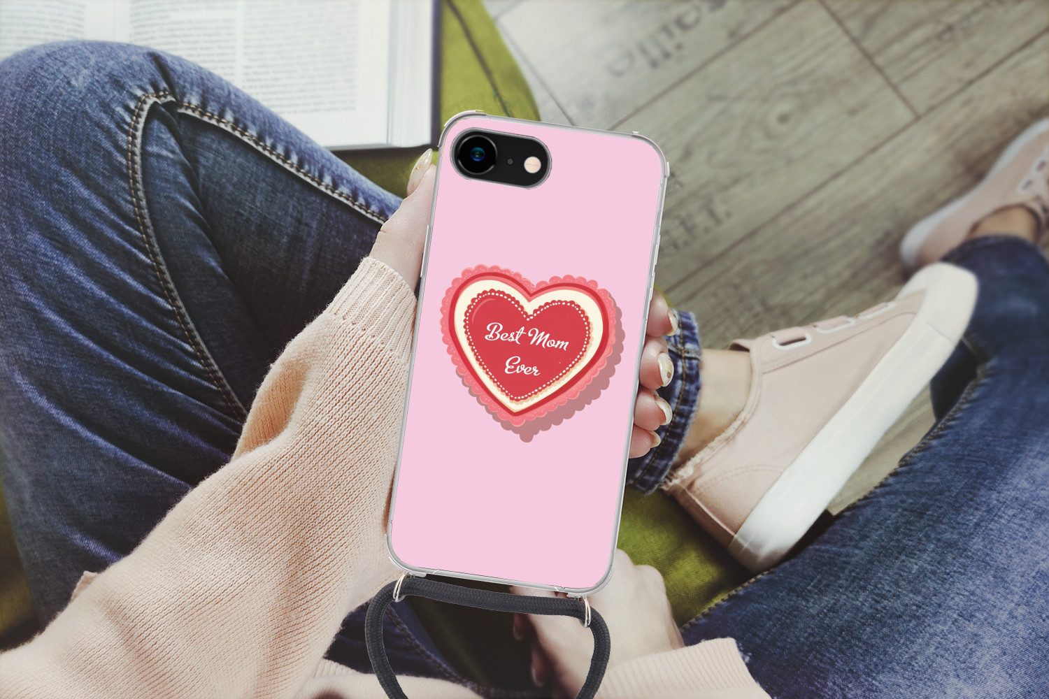 MuchoWow Handyhülle für Apple iPhone 8 Text - Herz - Mutter - Rosa, Tragbare Handyhüllen mit Kette zum umhängen, Handykette Handyband