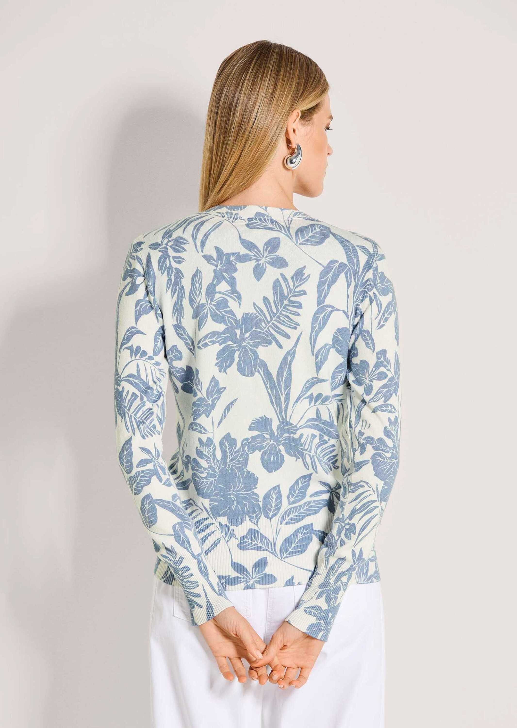 MADELEINE Strickjacke Florale Feinstrickjacke mit V-Ausschnitt Langarm Sommerjacke mit Blumendruck, Rippenbündchen, Knopfleiste