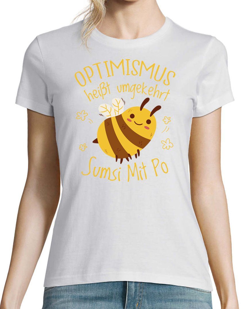 Print Mit modischem umgekehrt Designz heißt Shirt Weiss T-Shirt Youth Damen Mit Optimismus Sumsi Po