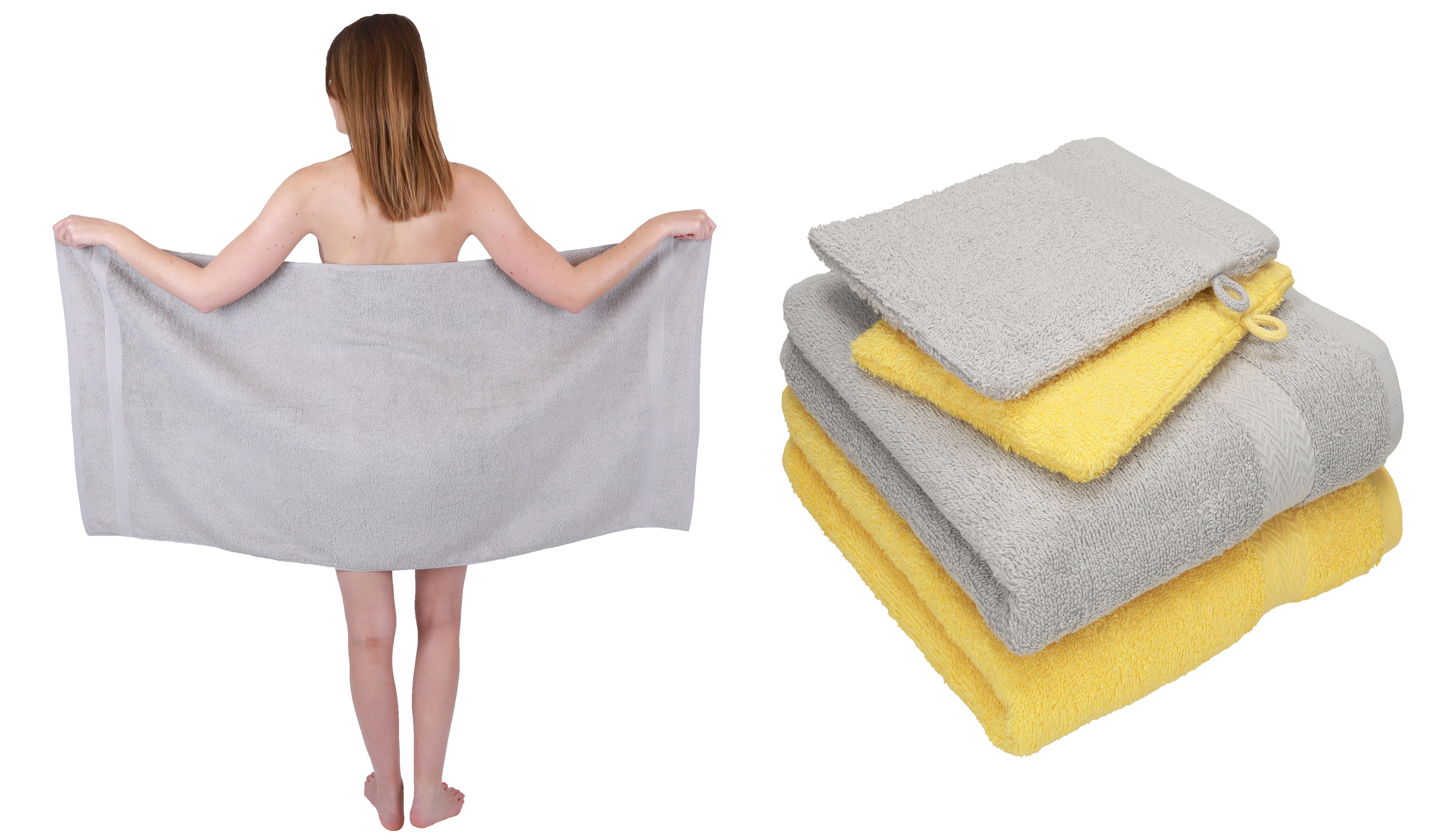 Betz Handtuch Set 5 TLG. Handtuch Set Single Pack 100% Baumwolle 1 Duschtuch 2 Handtücher 2 Waschhandschuhe, 100% Baumwolle silbergrau-gelb | Handtuch-Sets