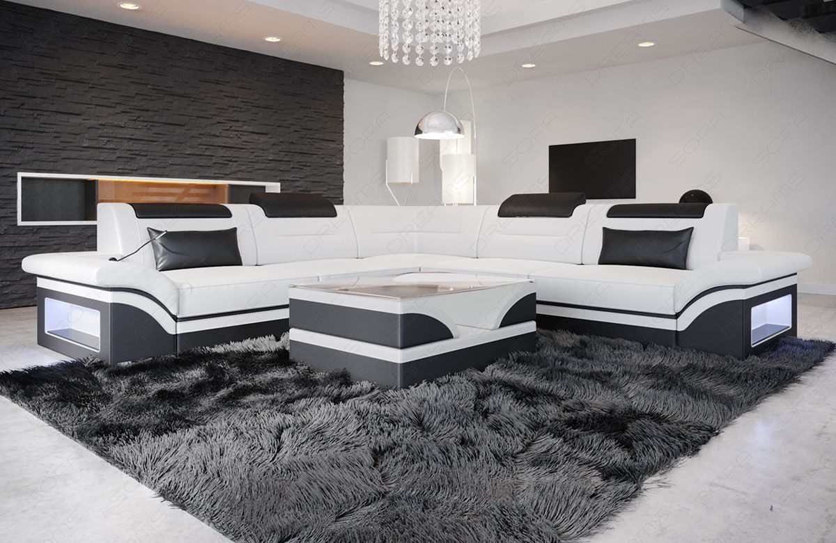 Sofa Dreams Ecksofa Brianza L Form Mini Leder, 4-Sitzer, LED-Beleuchtung, mehrere Farbkombinationen, USB, Kopfstützen